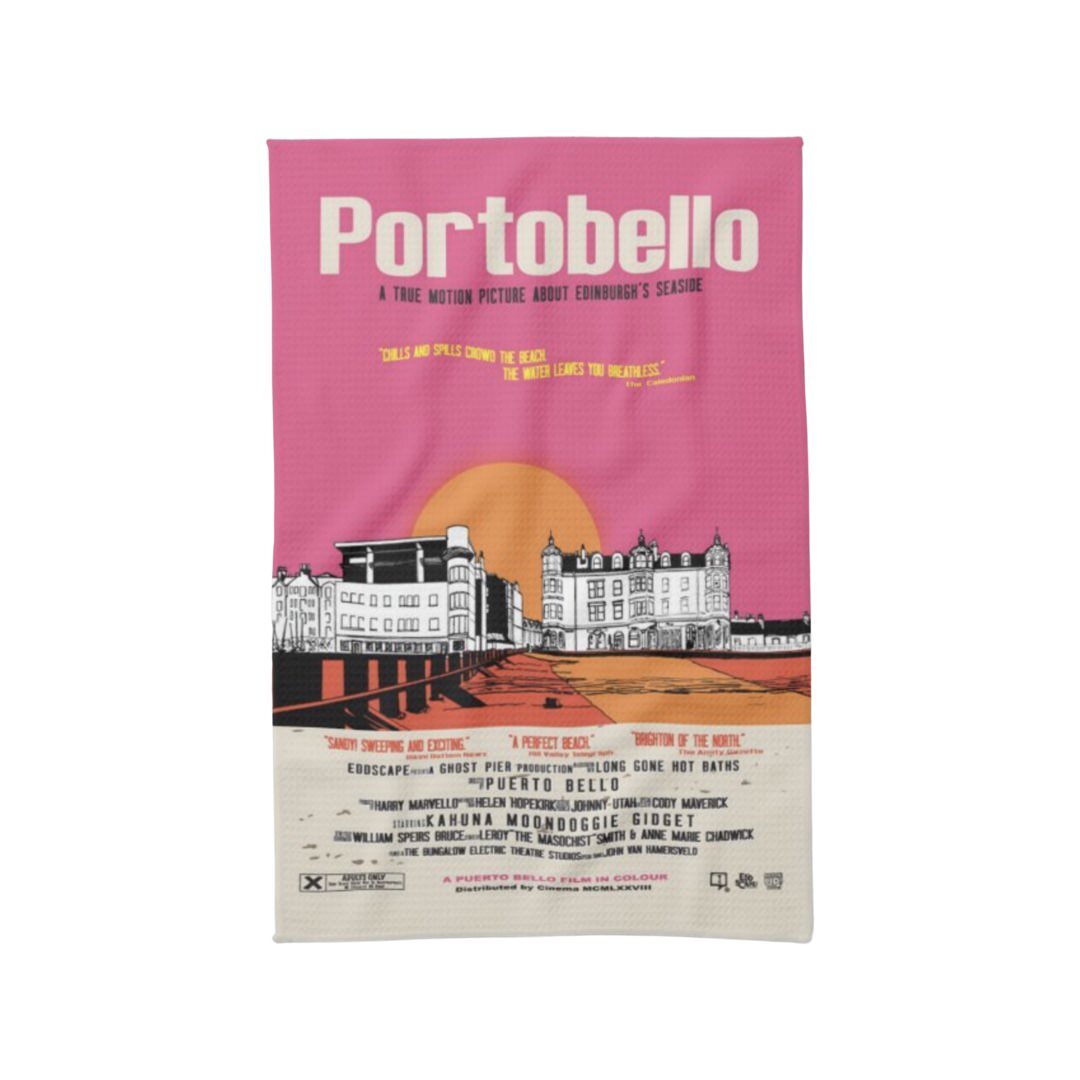 Tea towel featuring a movie poster design with an illustration of Bath Street and Portobello Beach in Edinburgh