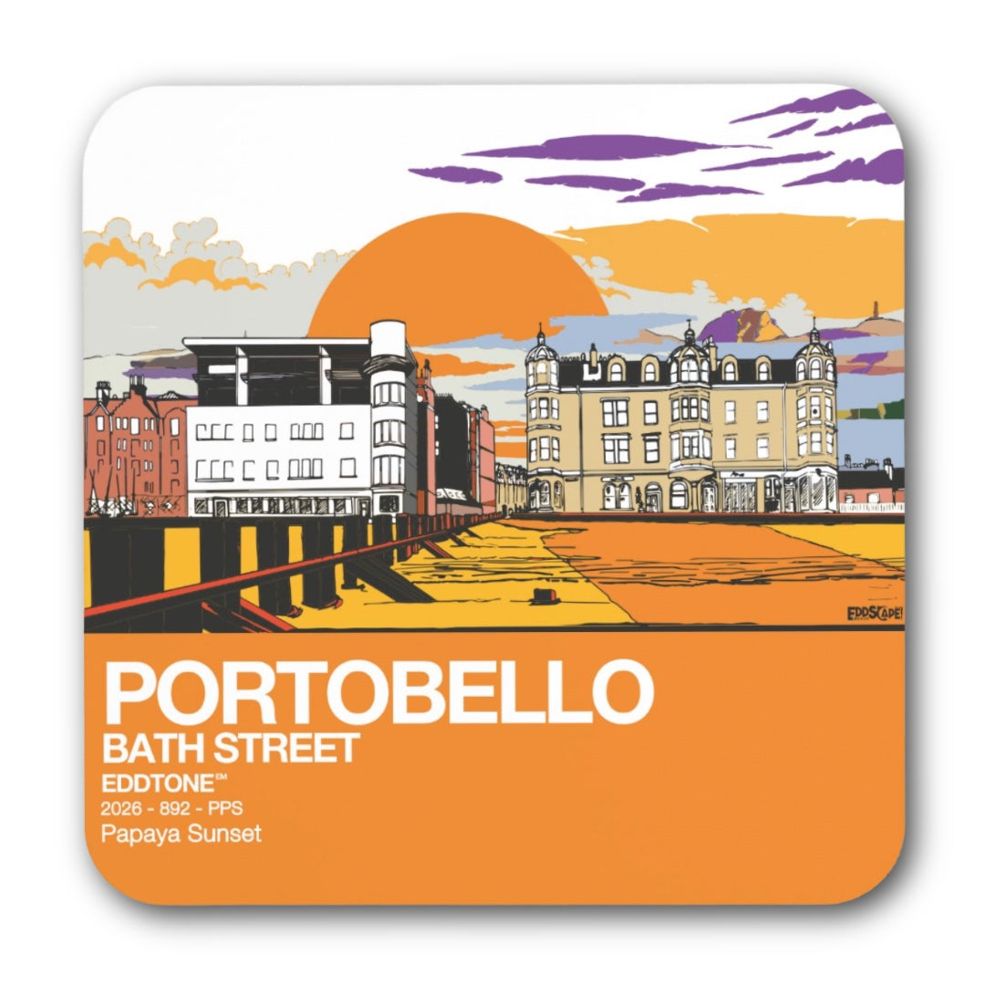 Coaster featuring an illustration of Bath St & Portobello Beach in Edinburgh.