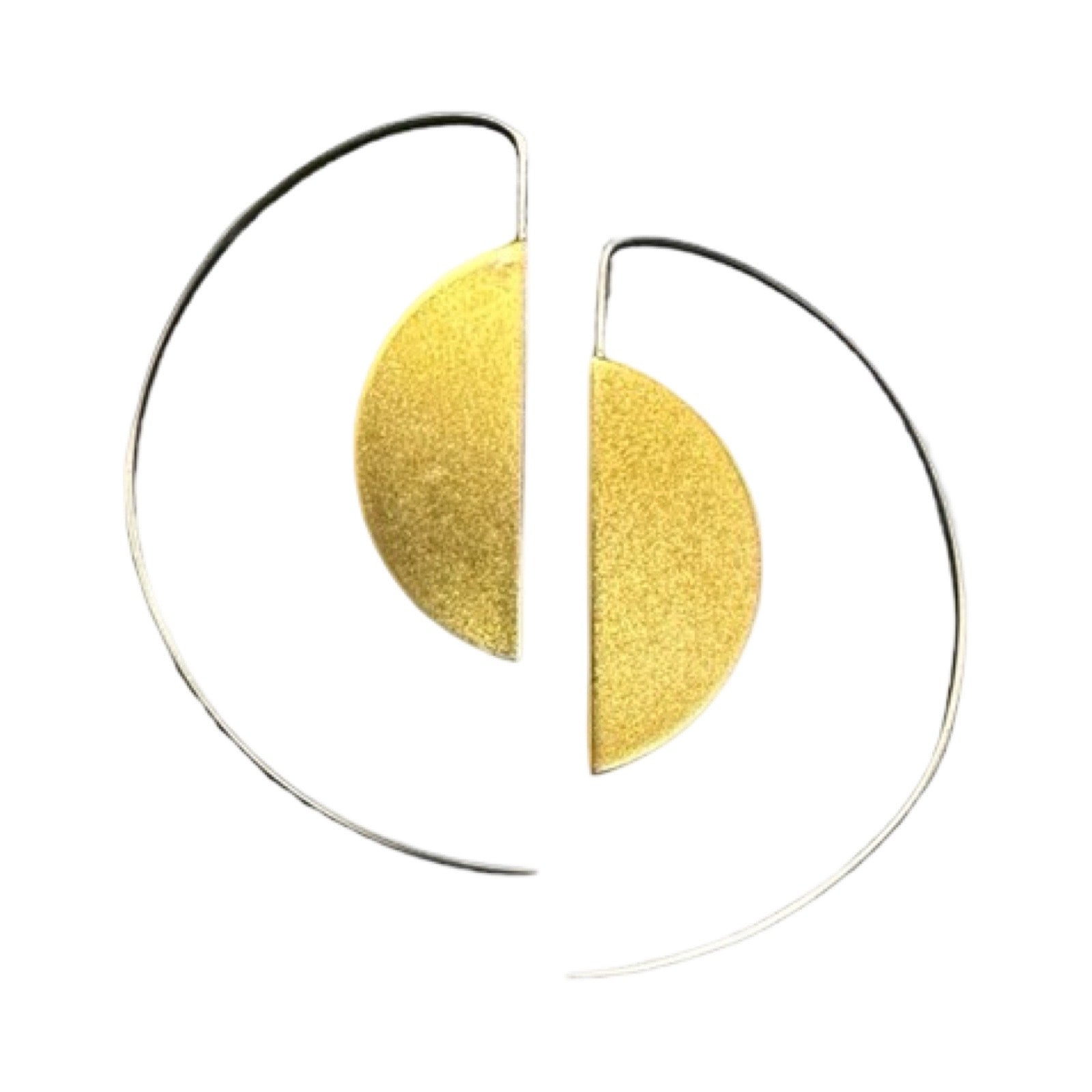 Handmade sterling silver hoop earrings in the style of Bauhaus. These elegant earrings have a central half circle in brass.