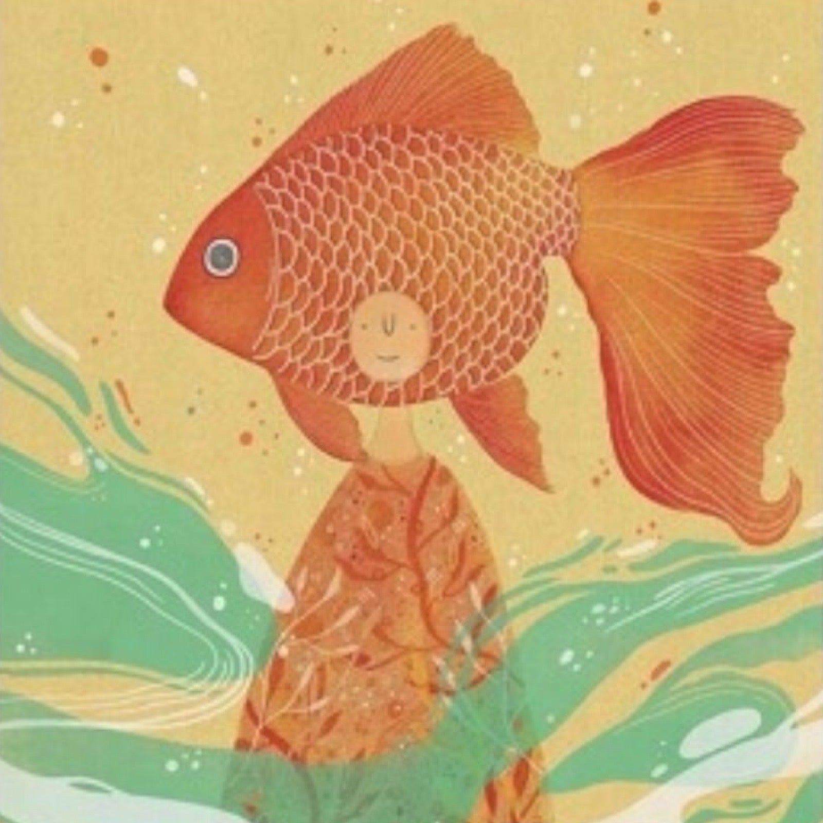Folk print of a lady in an orange dress with a goldfish on her head, standing in waves.