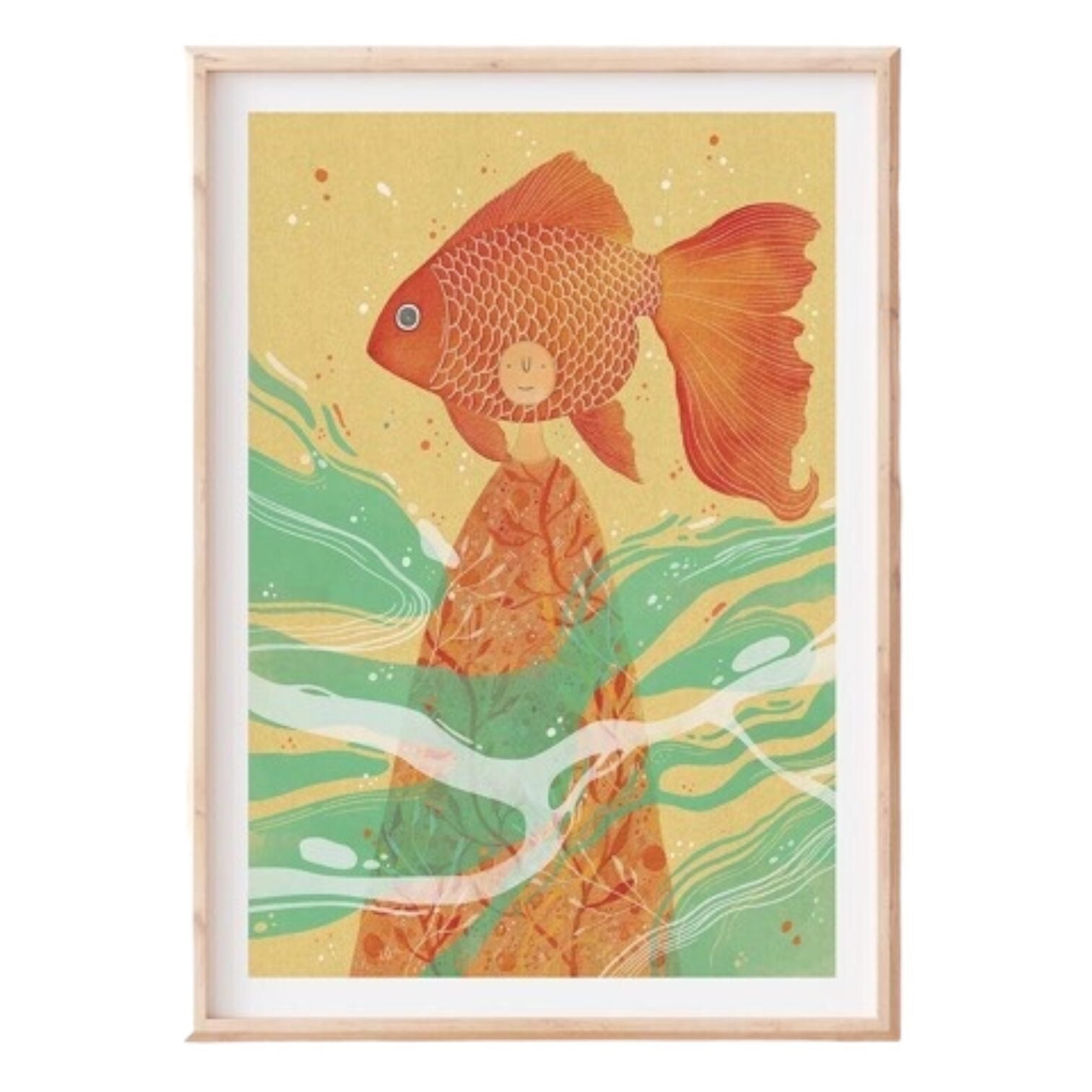 Folk print of a lady in an orange dress with a goldfish on her head, standing in waves.