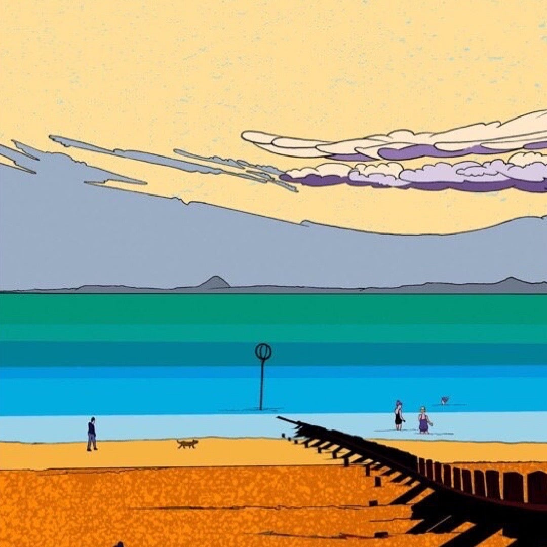 This print illustrates wild swimmers enjoying their swim at Portobello Beach in Edinburgh