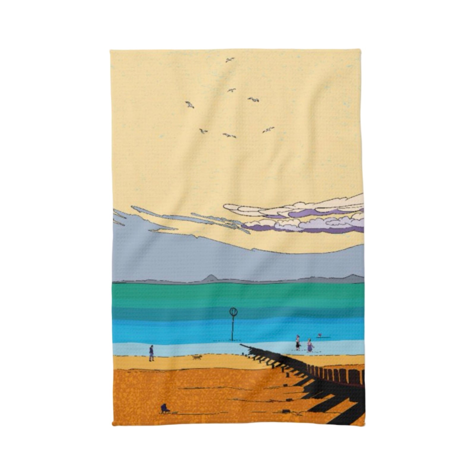 Tea towel featuring a movie poster design with an illustration of Portobello Beach in Edinburgh