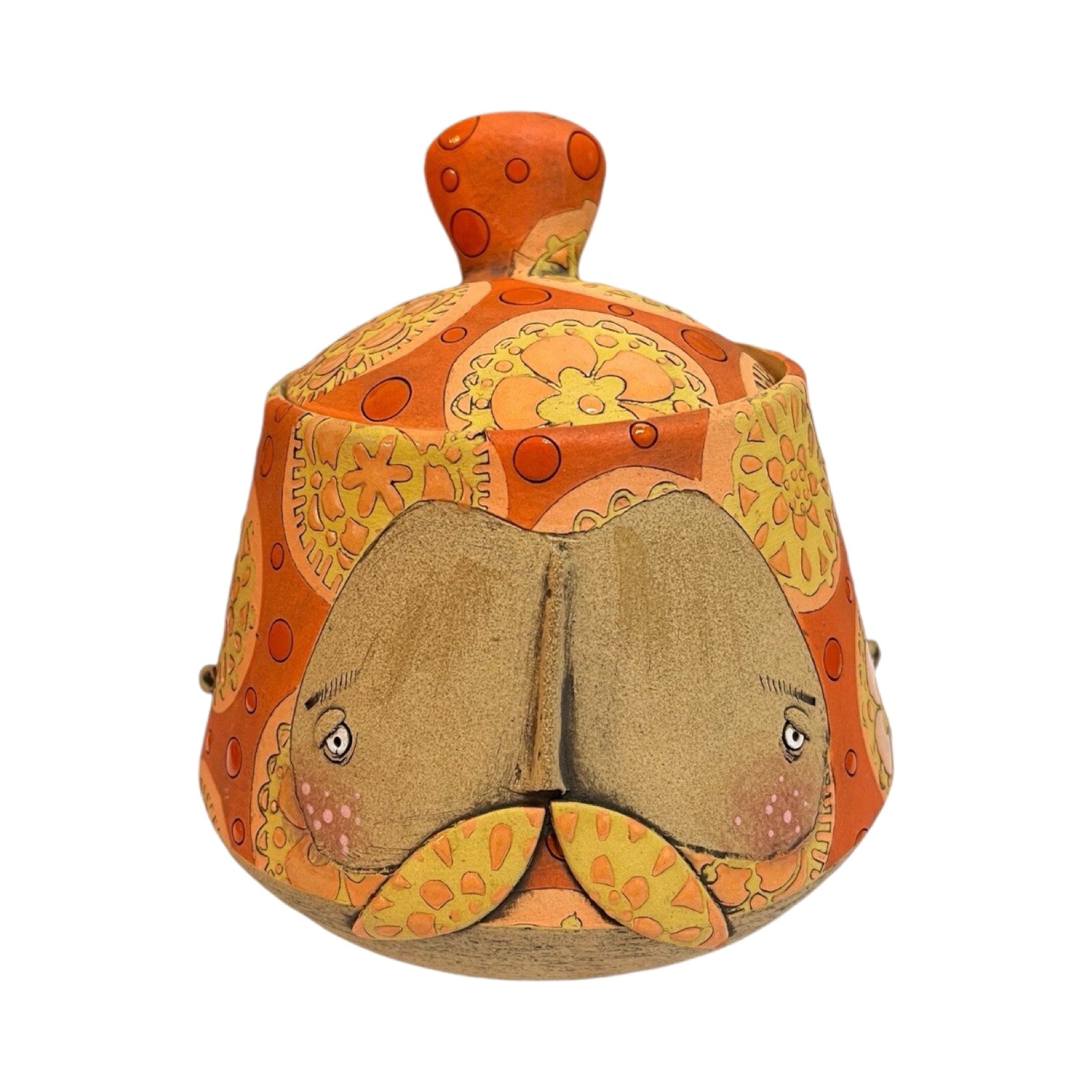 This beard-faced small storage pot with bun lid is handmade and each one is truly unique, orange circle floral front.