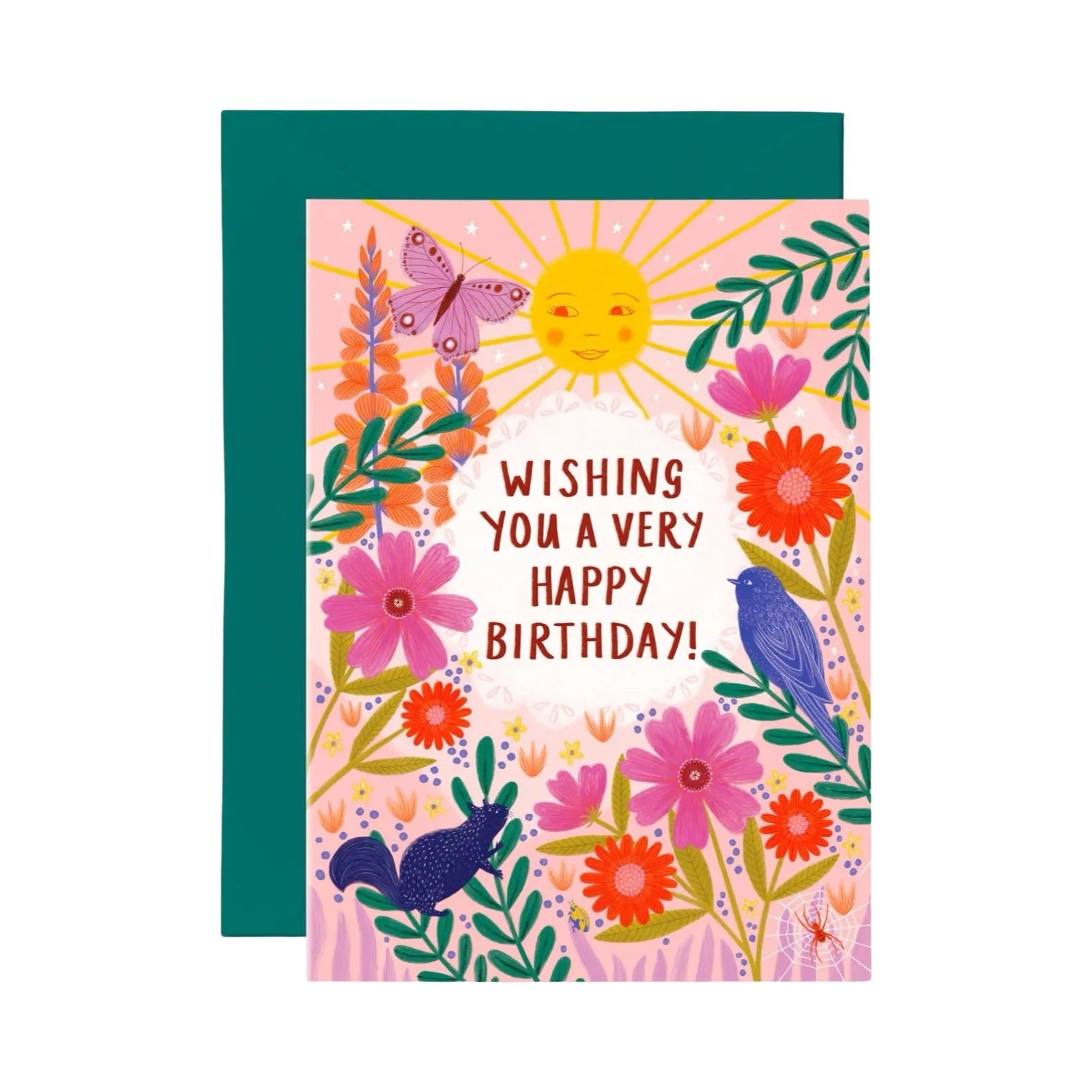 Birthday card featuring the text 'Wishing You A Very Happy Birthday' surrounded by colourful birds and flowers against a peach background