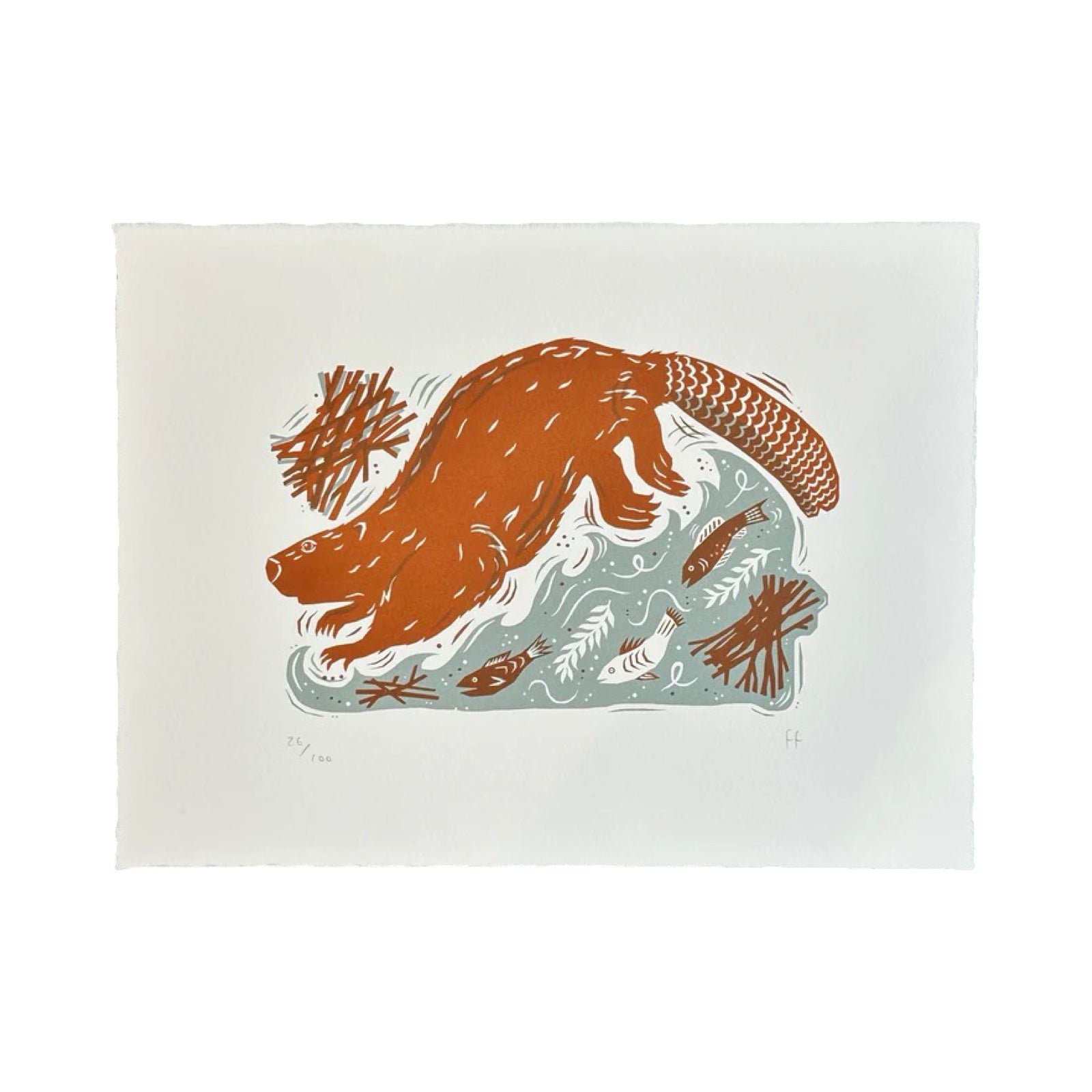 Illustration of a brown bear with fish in a stylised landscape on a white background.