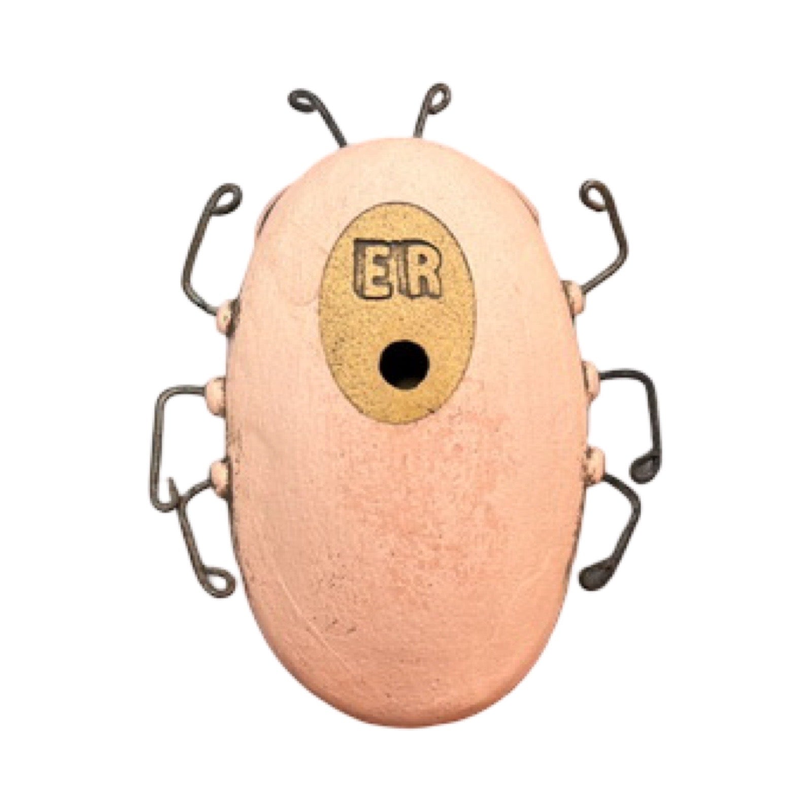 An oval ceramic beetle in orange with orange and yellow flowers and wire legs.