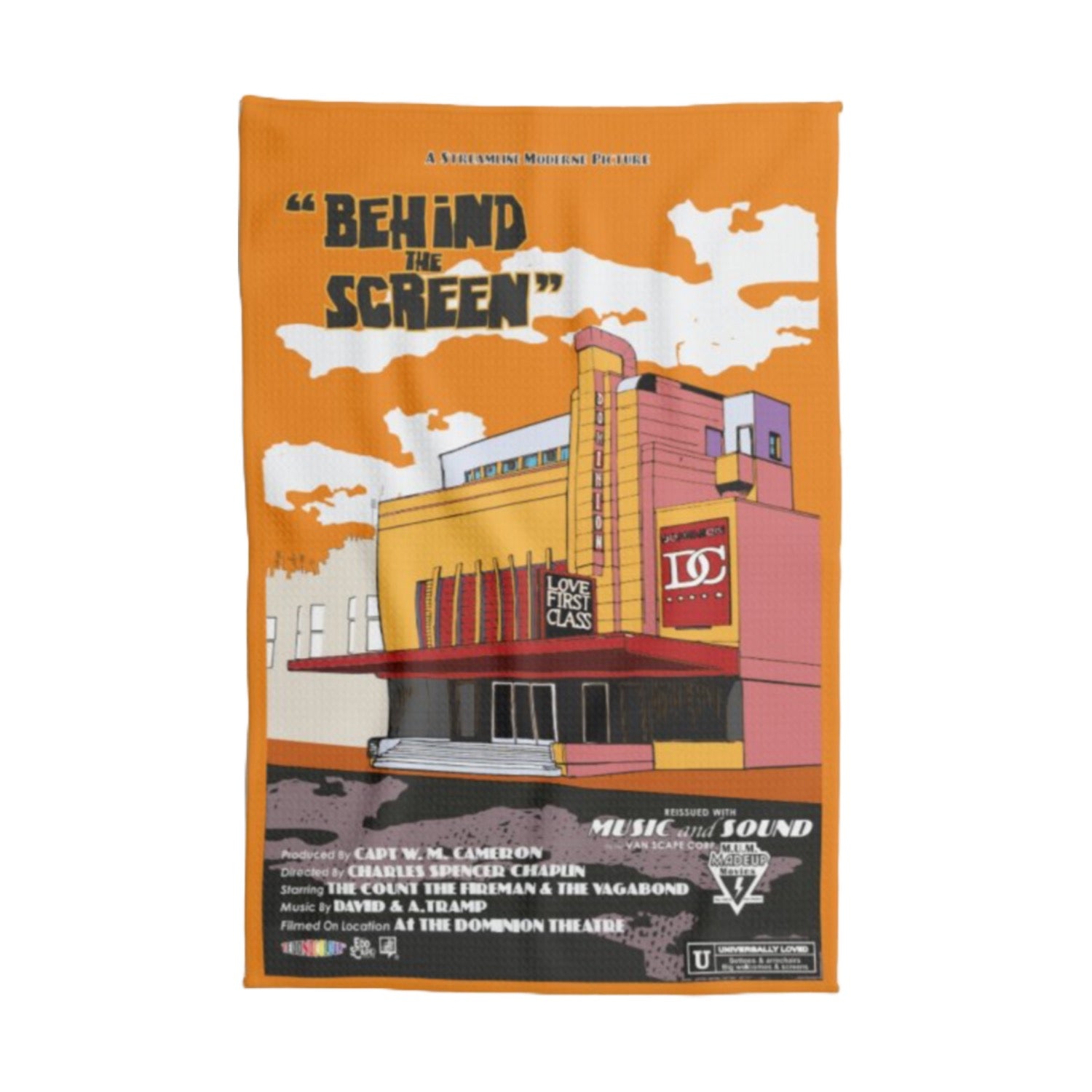 Tea towel featuring an illustration of the Dominion cinema, Edinburgh
