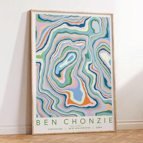 Colourful topography map print of Ben Chonzie mountain in Perthshire.