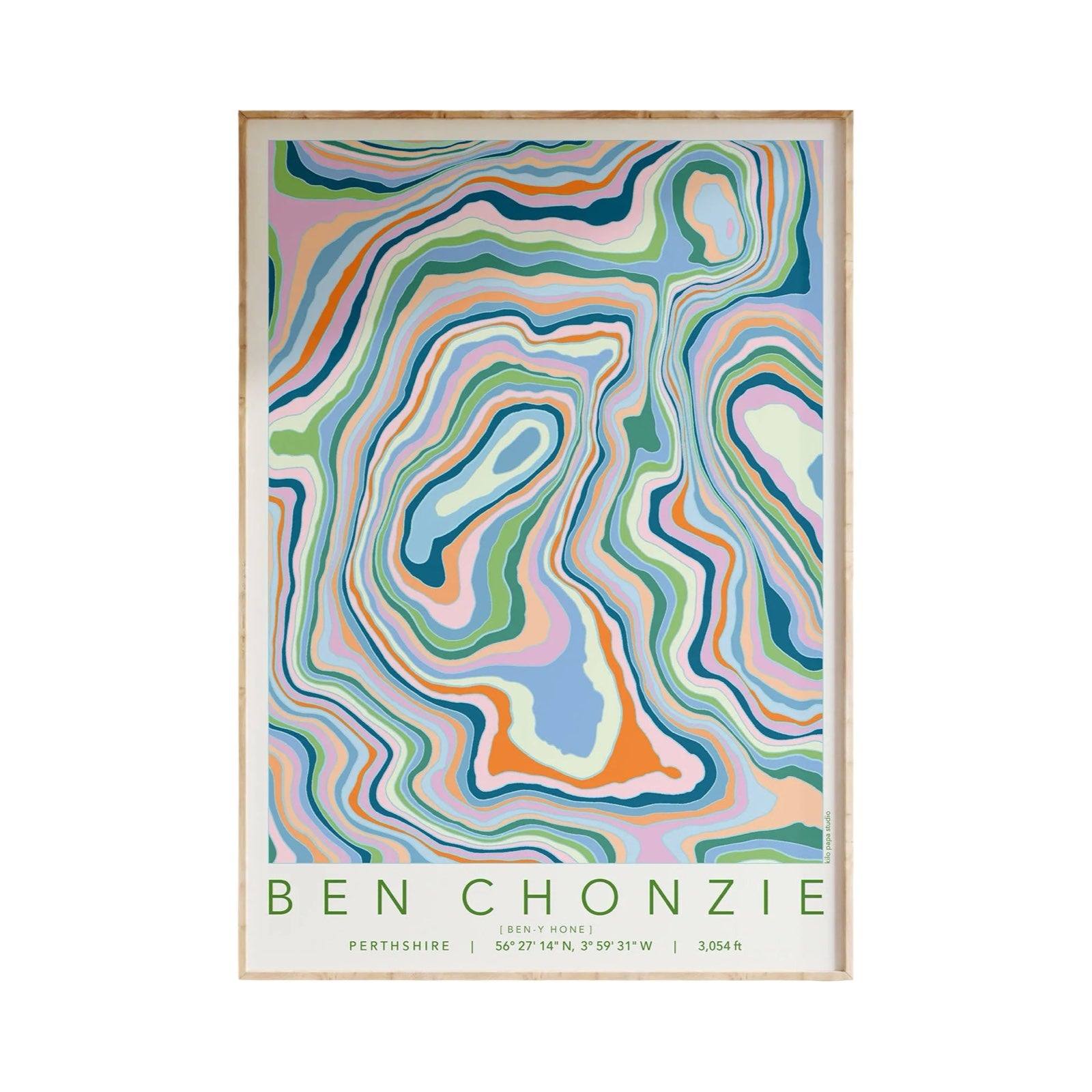 Colourful topography map print of Ben Chonzie mountain in Perthshire.