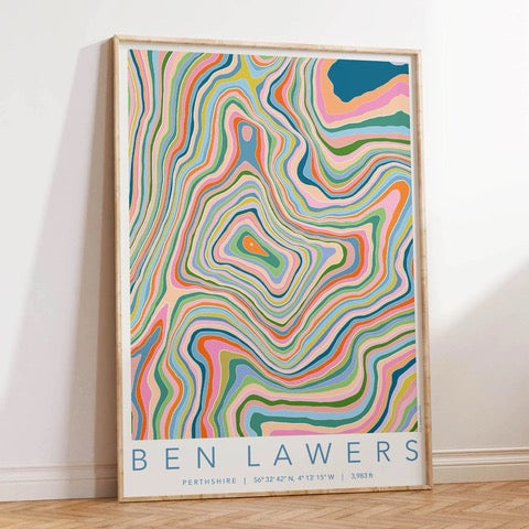 Colourful topography map print of Ben Lawers mountain in Perthshire.