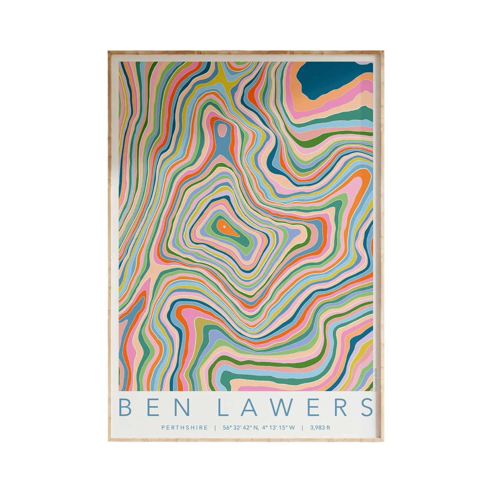 Colourful topography map print of Ben Lawers mountain in Perthshire.