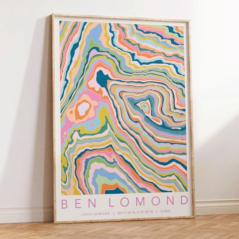 Colourful topography map print of Ben Lomond mountain near Loch Lomond.