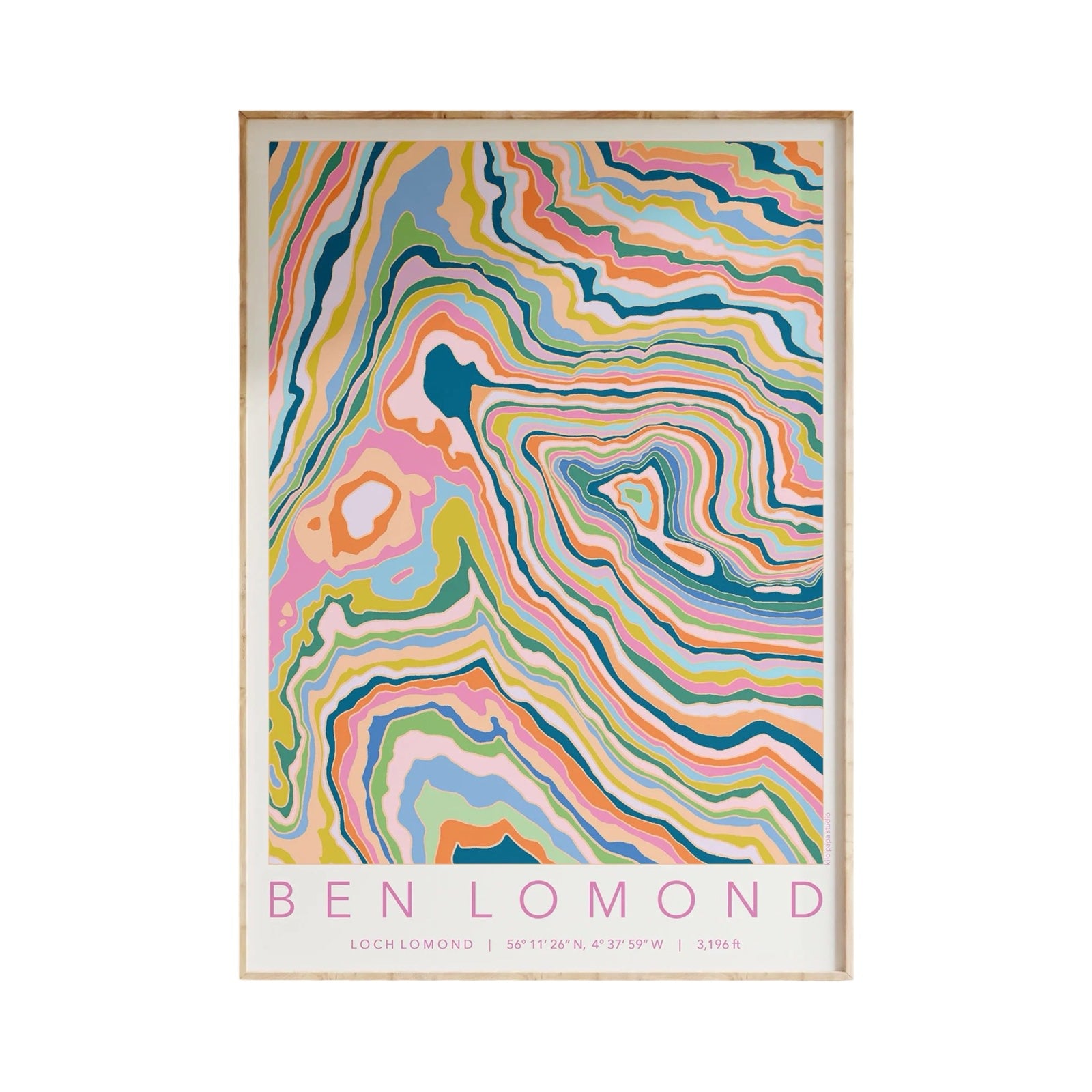 Colourful topography map print of Ben Lomond mountain near Loch Lomond.