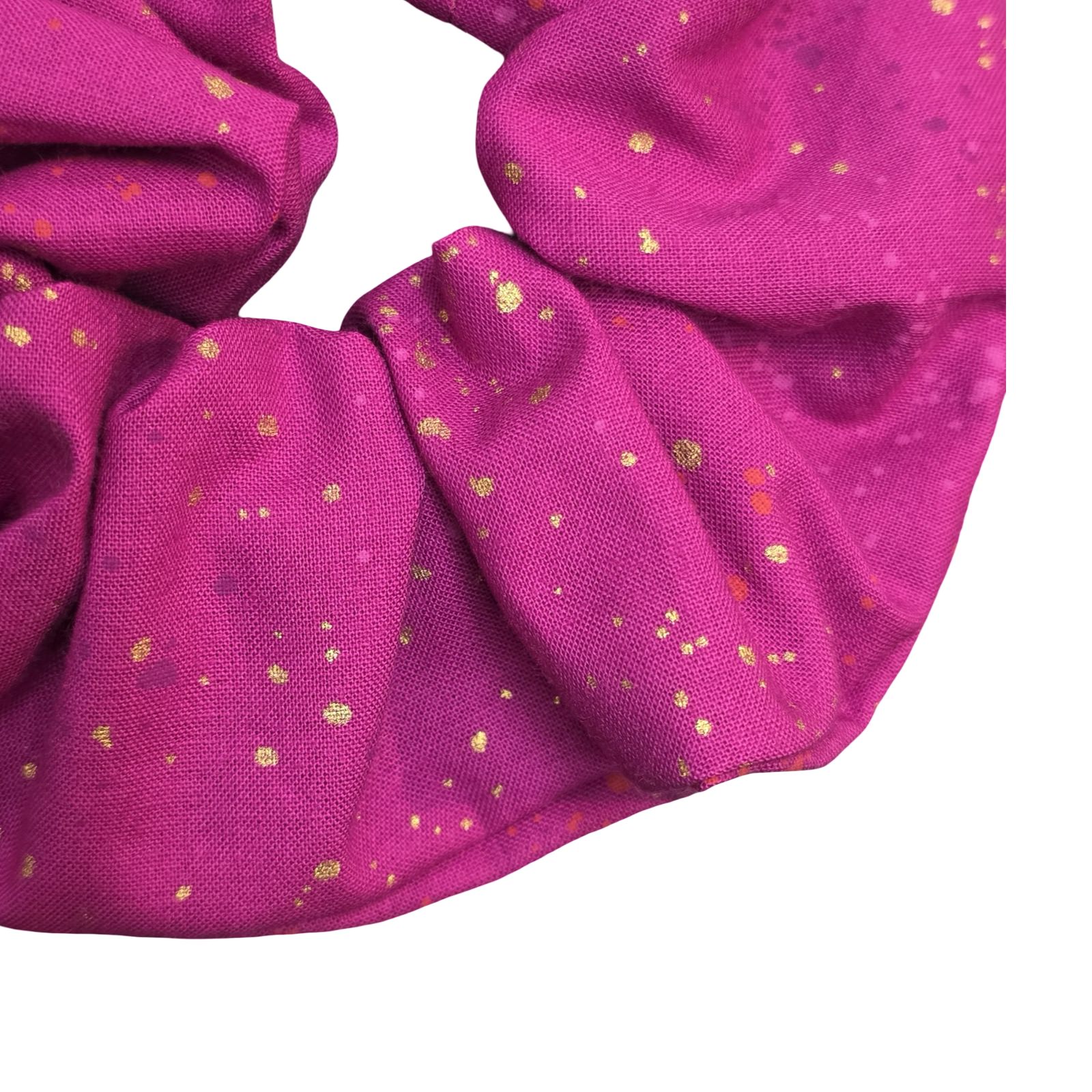 This berry pink handmade hair scrunchie is made from 100% cotton fabric with metallic speckles.