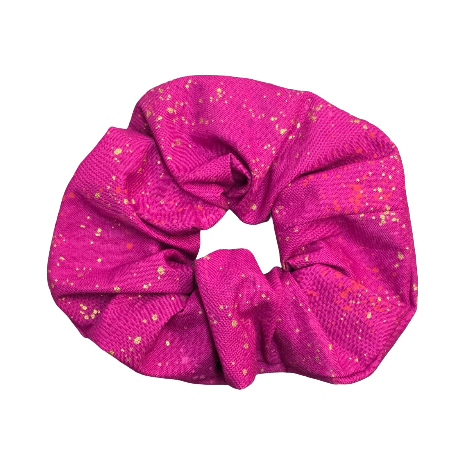 This berry pink handmade hair scrunchie is made from 100% cotton fabric with metallic speckles.