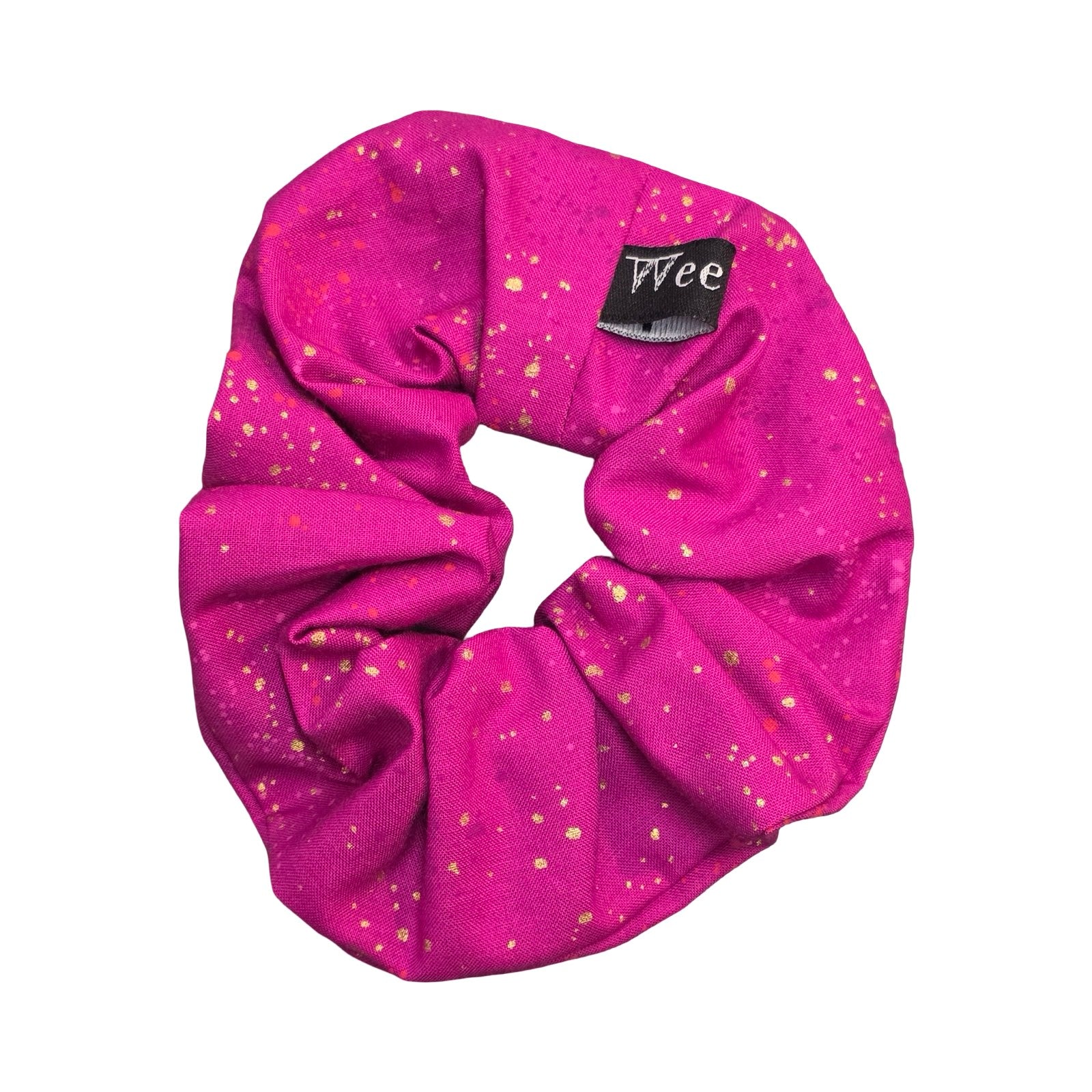 This berry pink handmade hair scrunchie is made from 100% cotton fabric with metallic speckles.