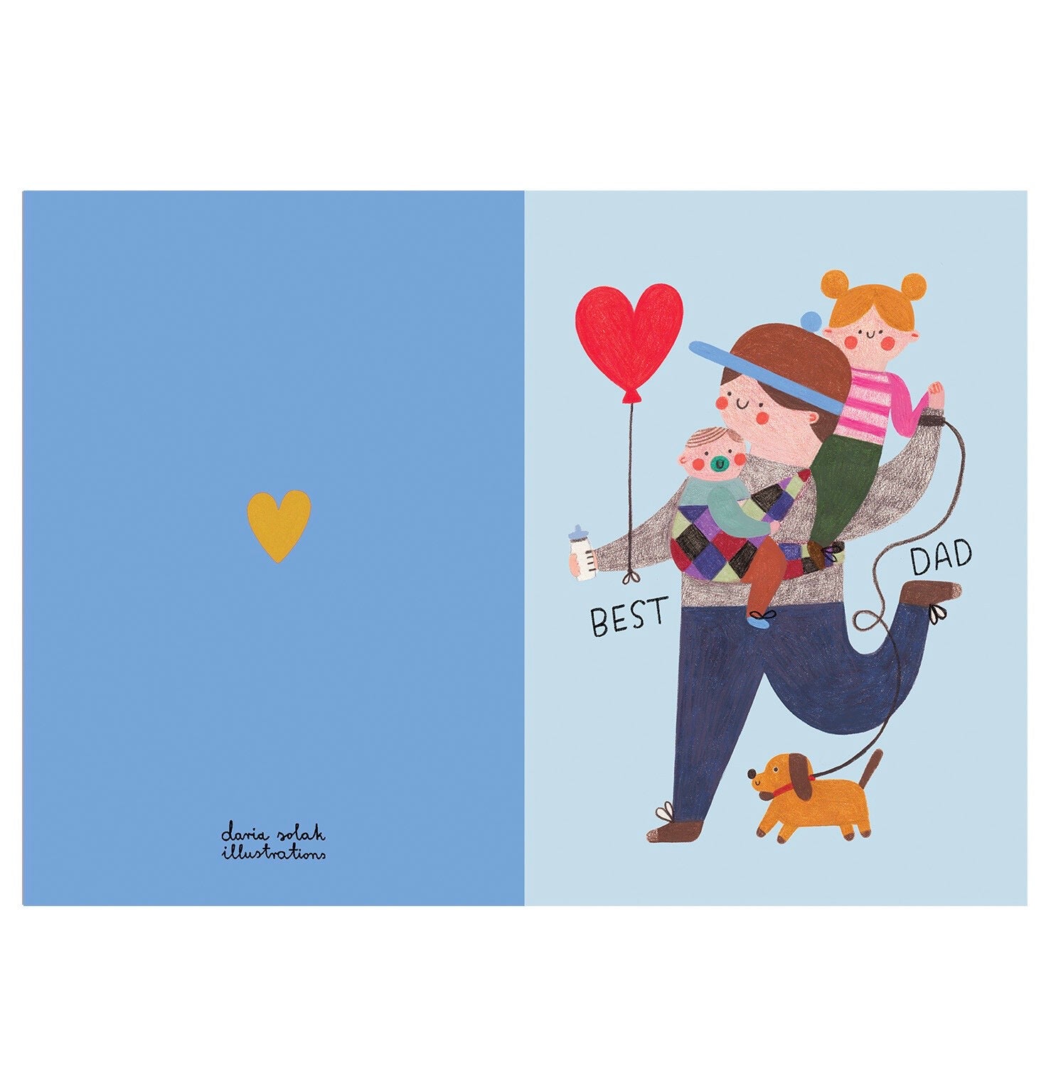 Illustration of a father with children and a dog on a blue background, with a blue back and yellow heart.