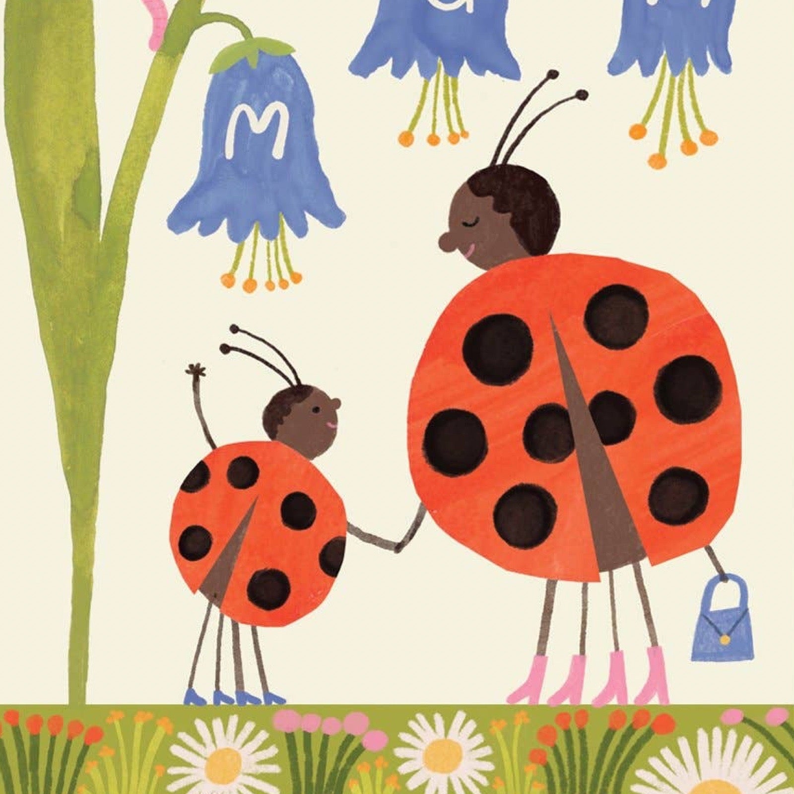 A whimsical children's illustration showing two ladybugs holding hands under blue bellflowers with letters on them, on a cream background with flowers along the bottom.