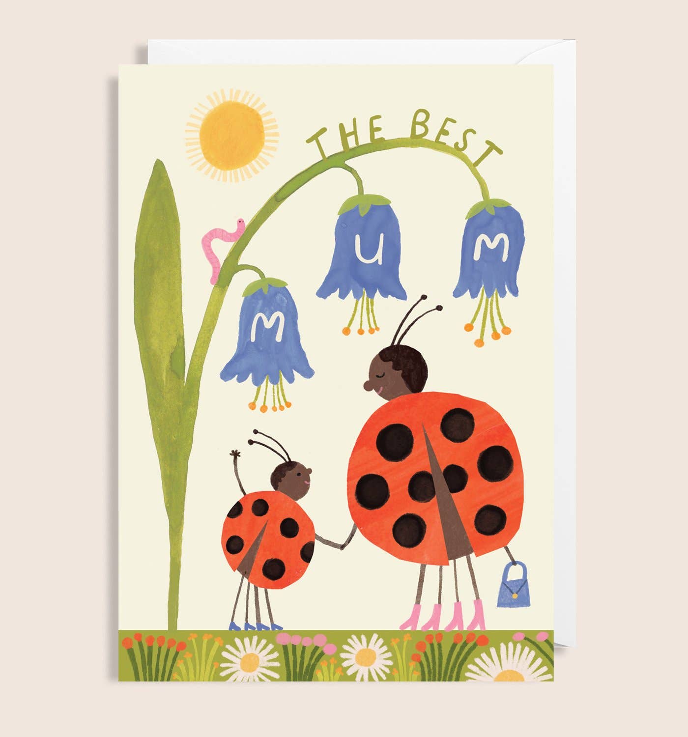 Illustration of two ladybugs and flowers with 'The Best Mum' text on a card.