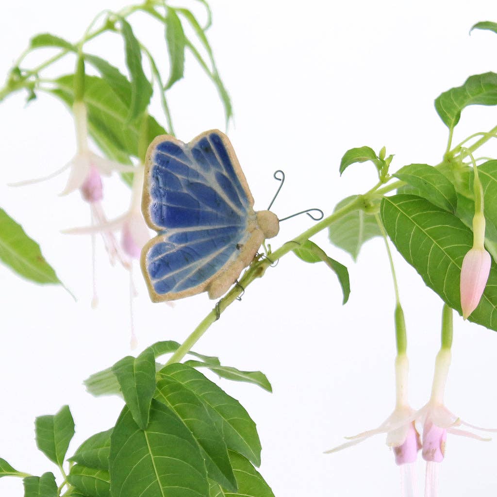 A butterfly shaped ceramic plant hugger with blue recycled glass wings.