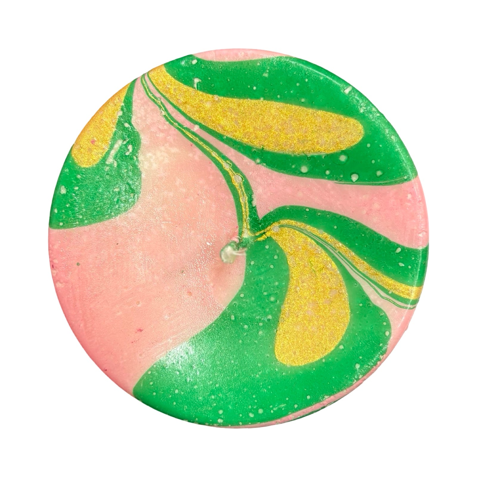Statement unscented pillar candle, hand-poured with soy wax and dip-dyed in green, gold and pink creating a beautiful marble swirl effect.