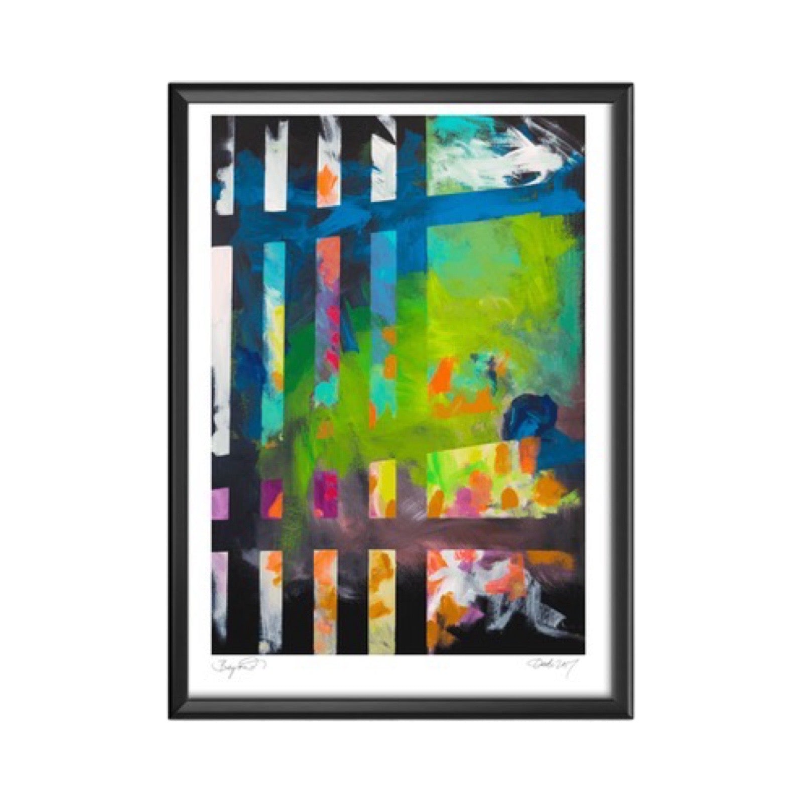 Abstract print featuring a blue railing distorted by colour.