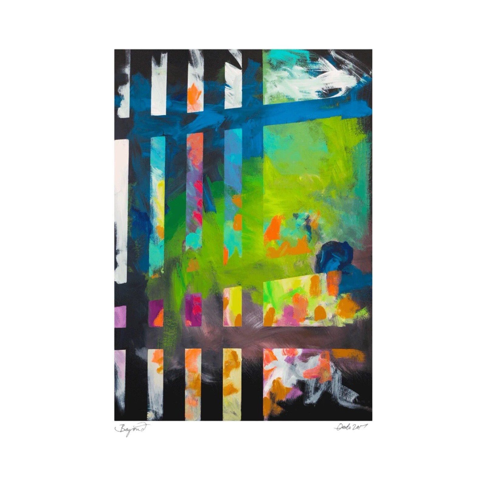 Abstract print featuring a blue railing distorted by colour.