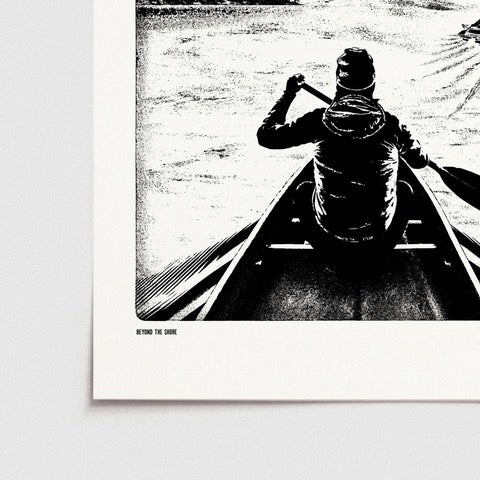 Monochrome print featuring a man out paddling his canoe down the river with the hills and a mustard coloured moon in the background.