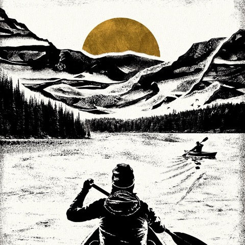 Monochrome print featuring a man out paddling his canoe down the river with the hills and a mustard coloured moon in the background.