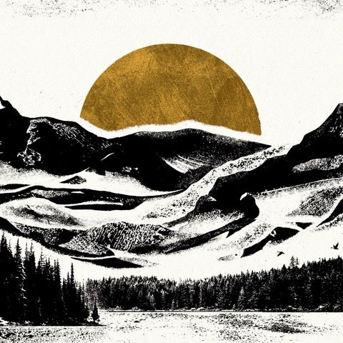 Monochrome print featuring a man out paddling his canoe down the river with the hills and a mustard coloured moon in the background.