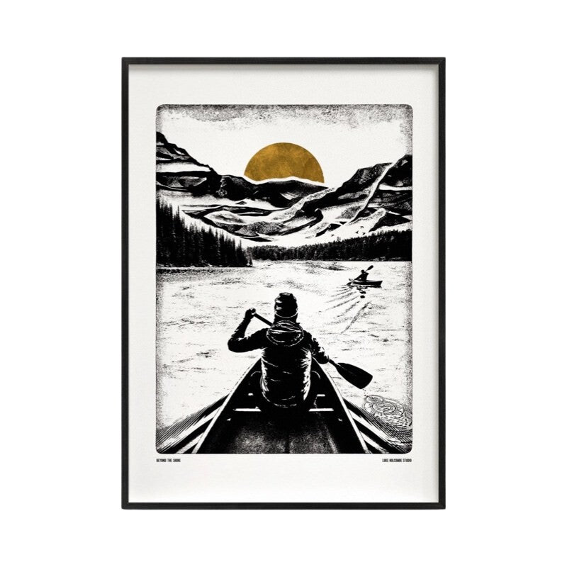 Monochrome print featuring a man out paddling his canoe down the river with the hills and a mustard coloured moon in the background.
