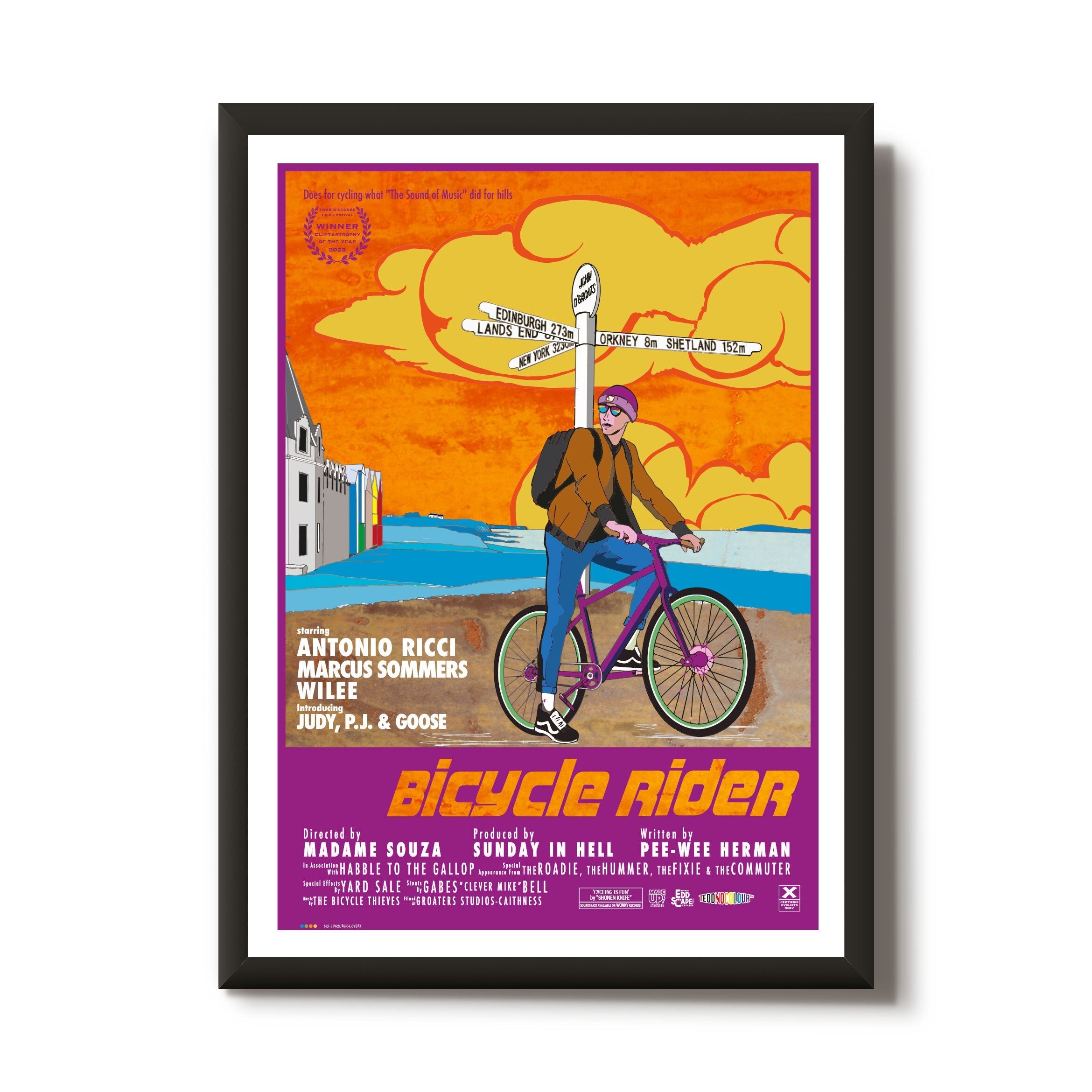 This print features a movie poster design with an illustration of a cyclist posing in front of the famous sign in John O'Groats at the northern tip of Scotland