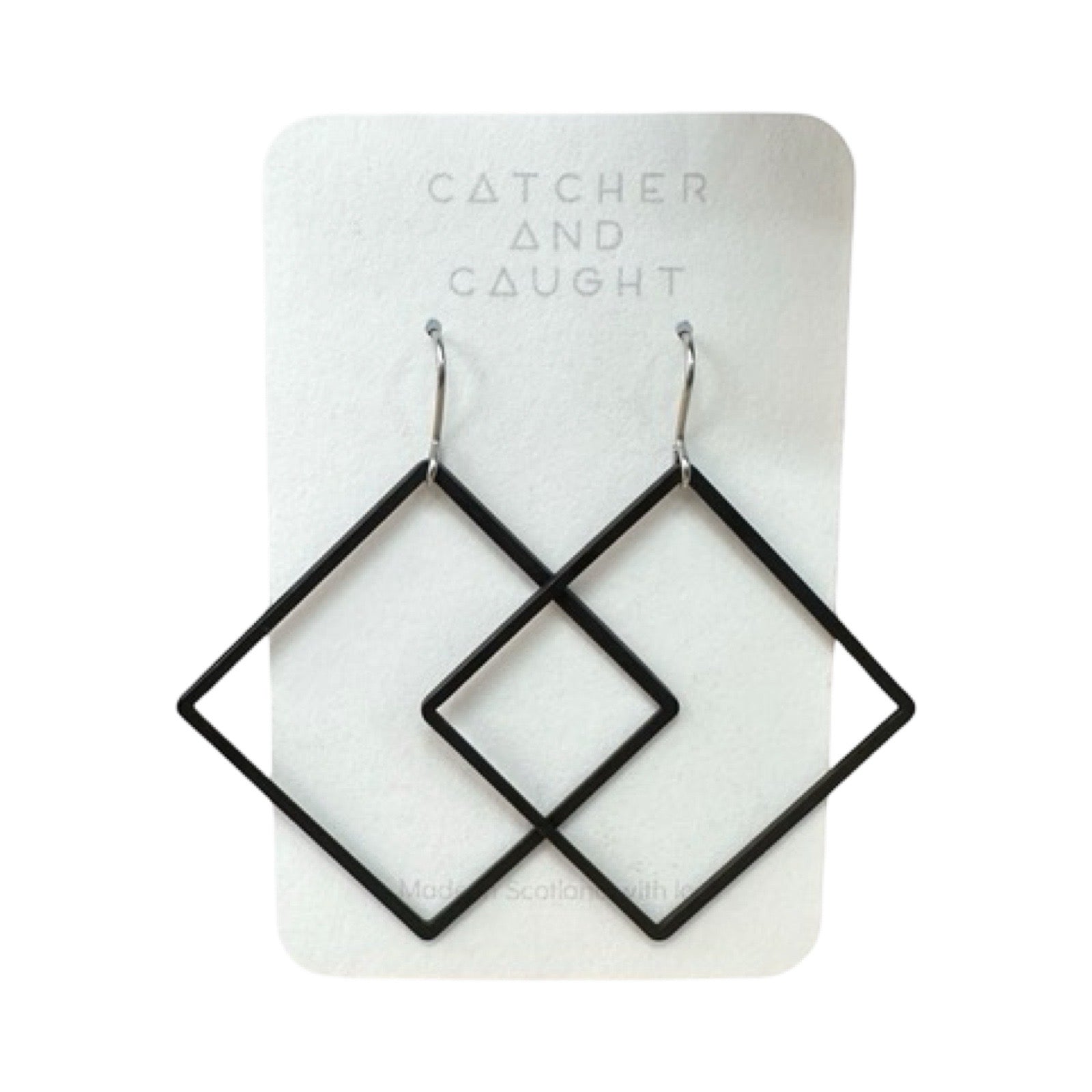 Brass earrings, plated in black, in classic square shapes. On earring hooks.