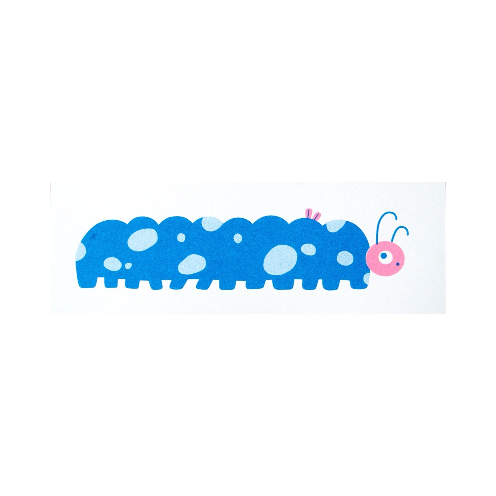 A rectangular risograph mini print of a blue caterpillar with pale green spots and a pink head