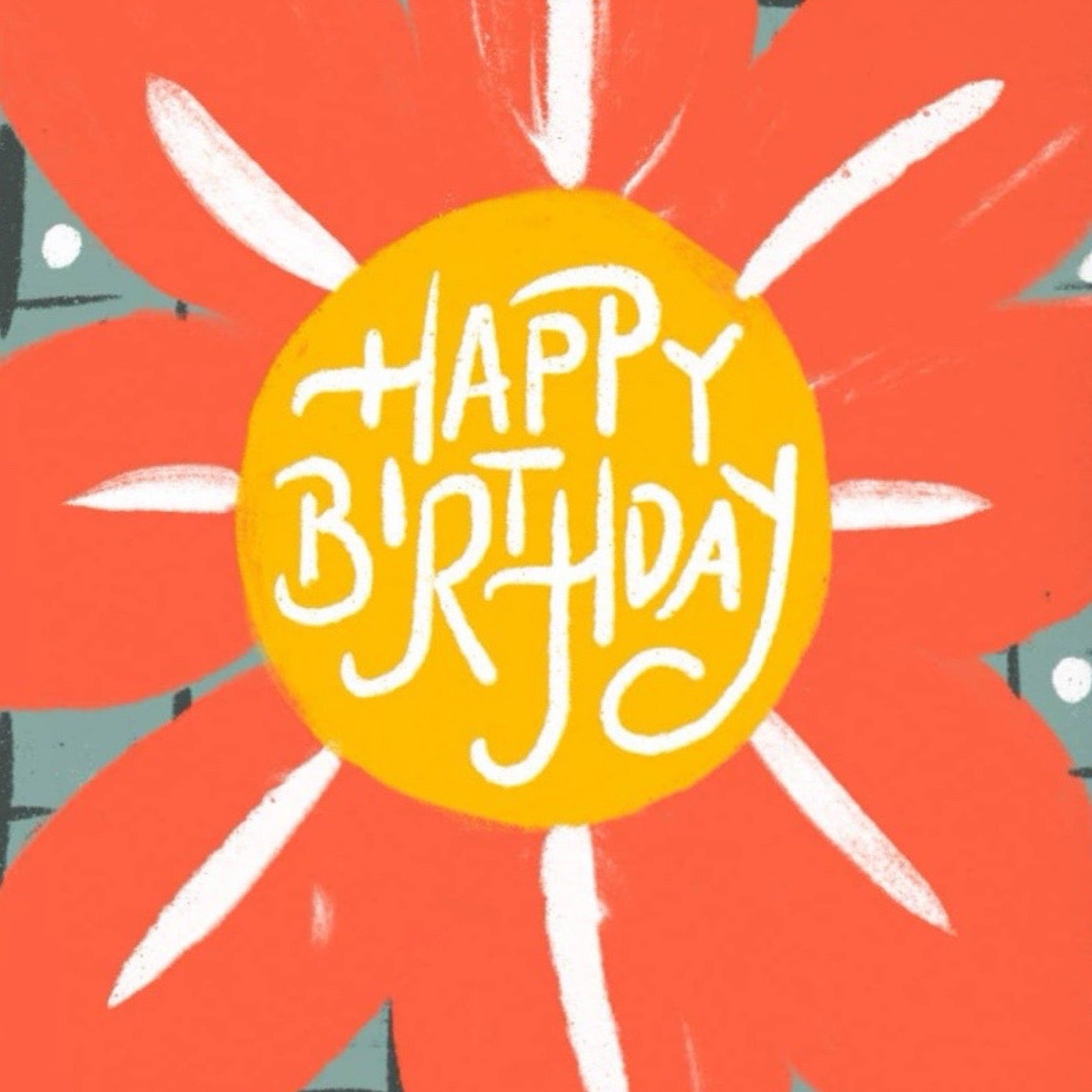 Happy Birthday text on a red flower with white petals and a yellow center.