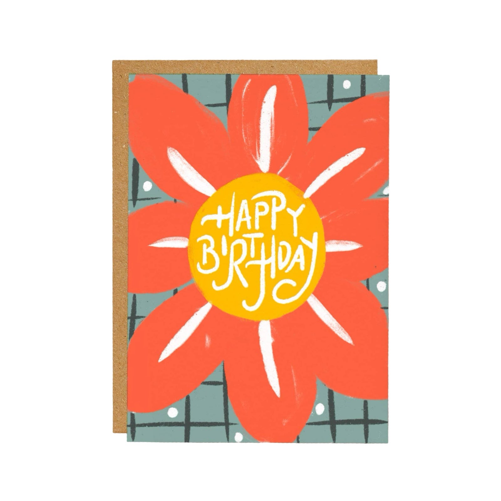 Birthday card with a red flower and 'Happy Birthday' text on a checkered background.