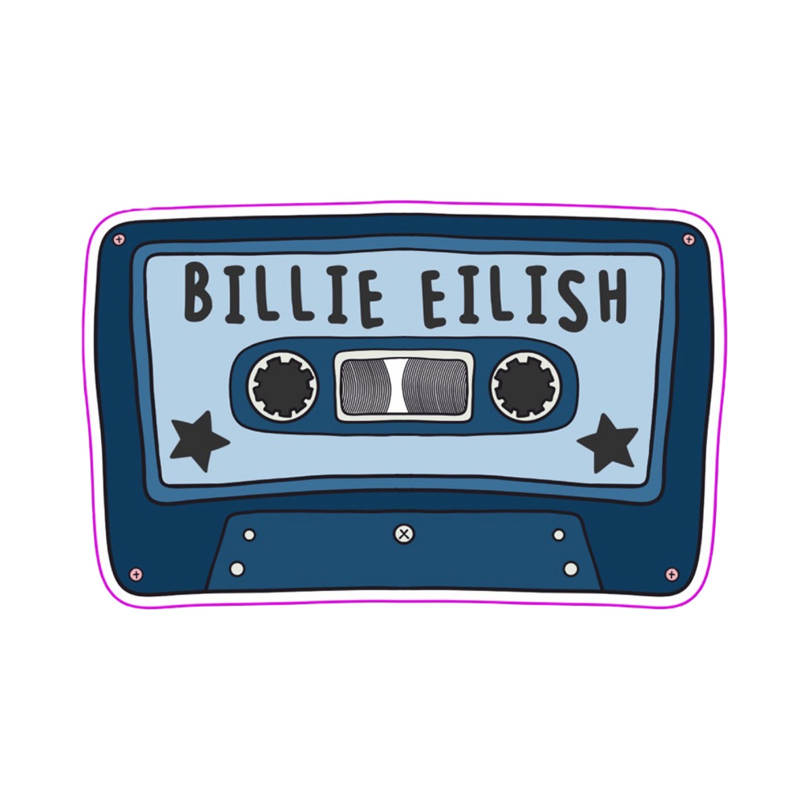 A rectangular-shaped sticker featuring an illustration of a retro cassette tape in dark and light blue with the title 'Billie Eilish'. 