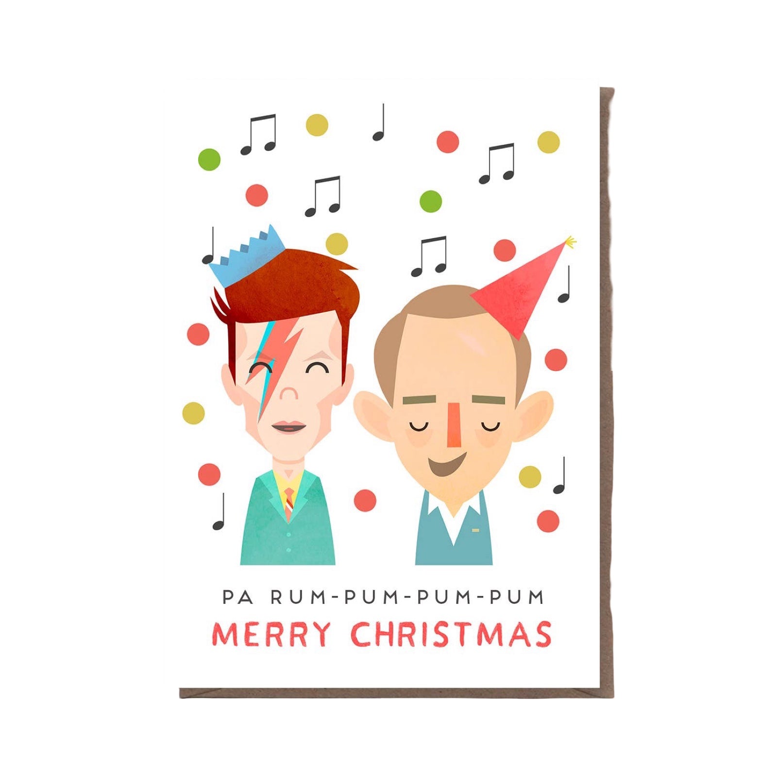 Christmas card featuring an illustration of David Bowie and Bing Crosby singing with the text 'Pa-Rum-Pum-Pum-Pum' below, from the classic Christmas song Peace on Earth.