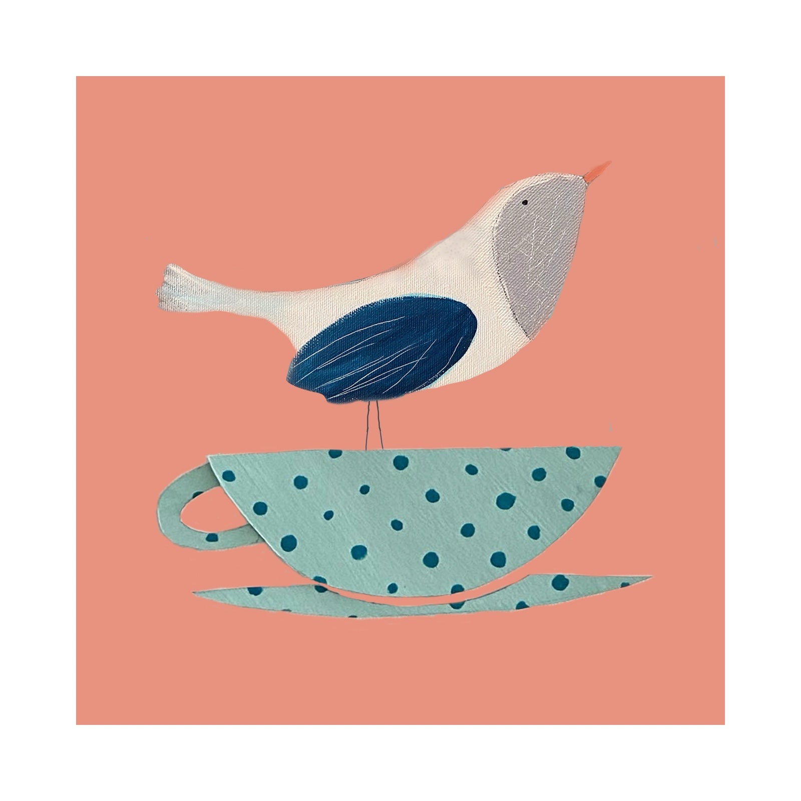 Illustration of a bird perched on a polka dot teacup against a pink background.