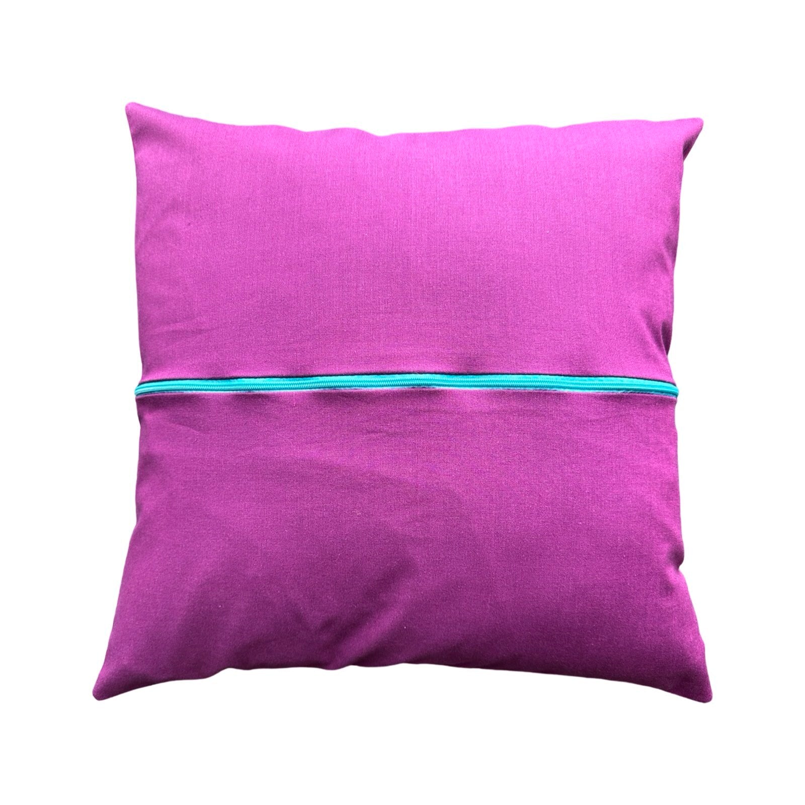 Purple cushion cover back with a turquoise central zip.