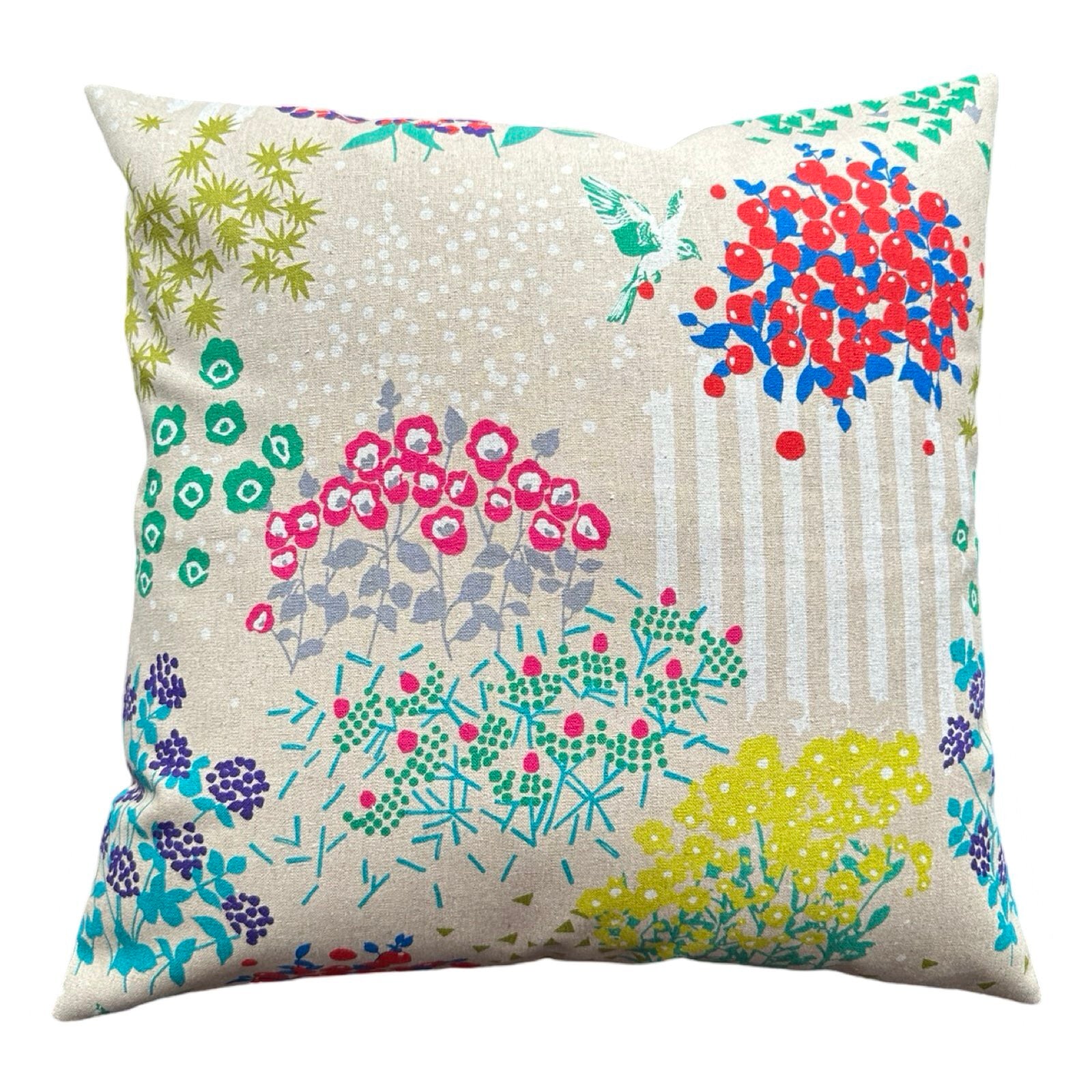 Cotton/linen fabric cushion cover with bursts of colourful blossom and berries, white stripes and green birds.