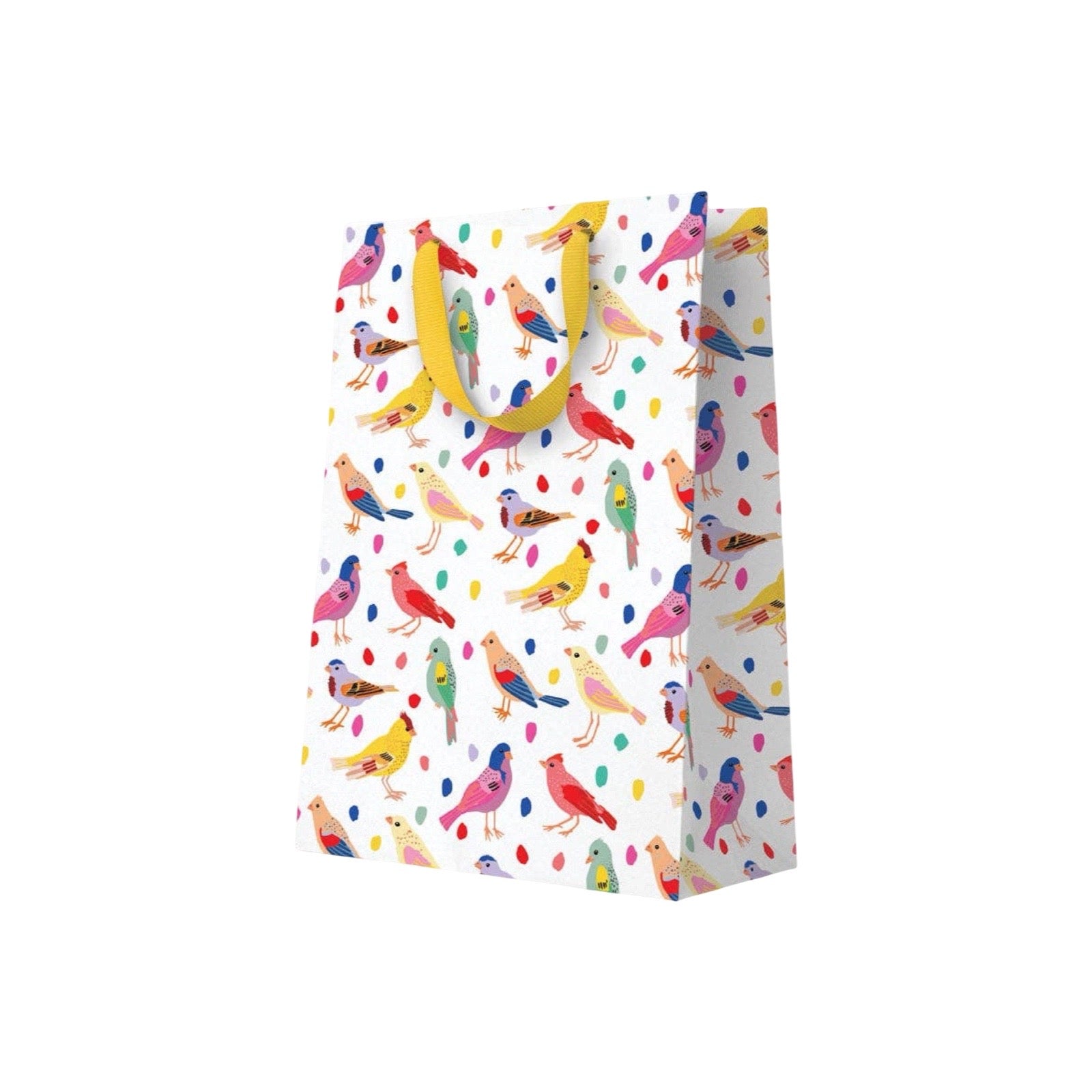 A white gift bag with a colorful pattern of birds and dots, with yellow handles, shown on a plain white background.