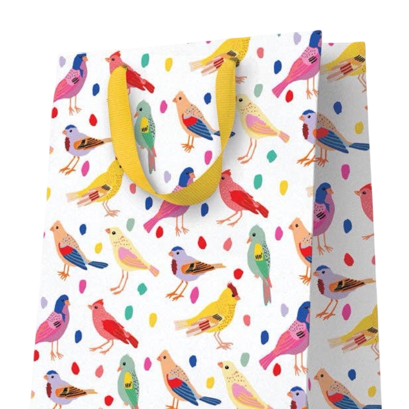 A white gift bag with a colourful pattern of birds and dots, with yellow handles.