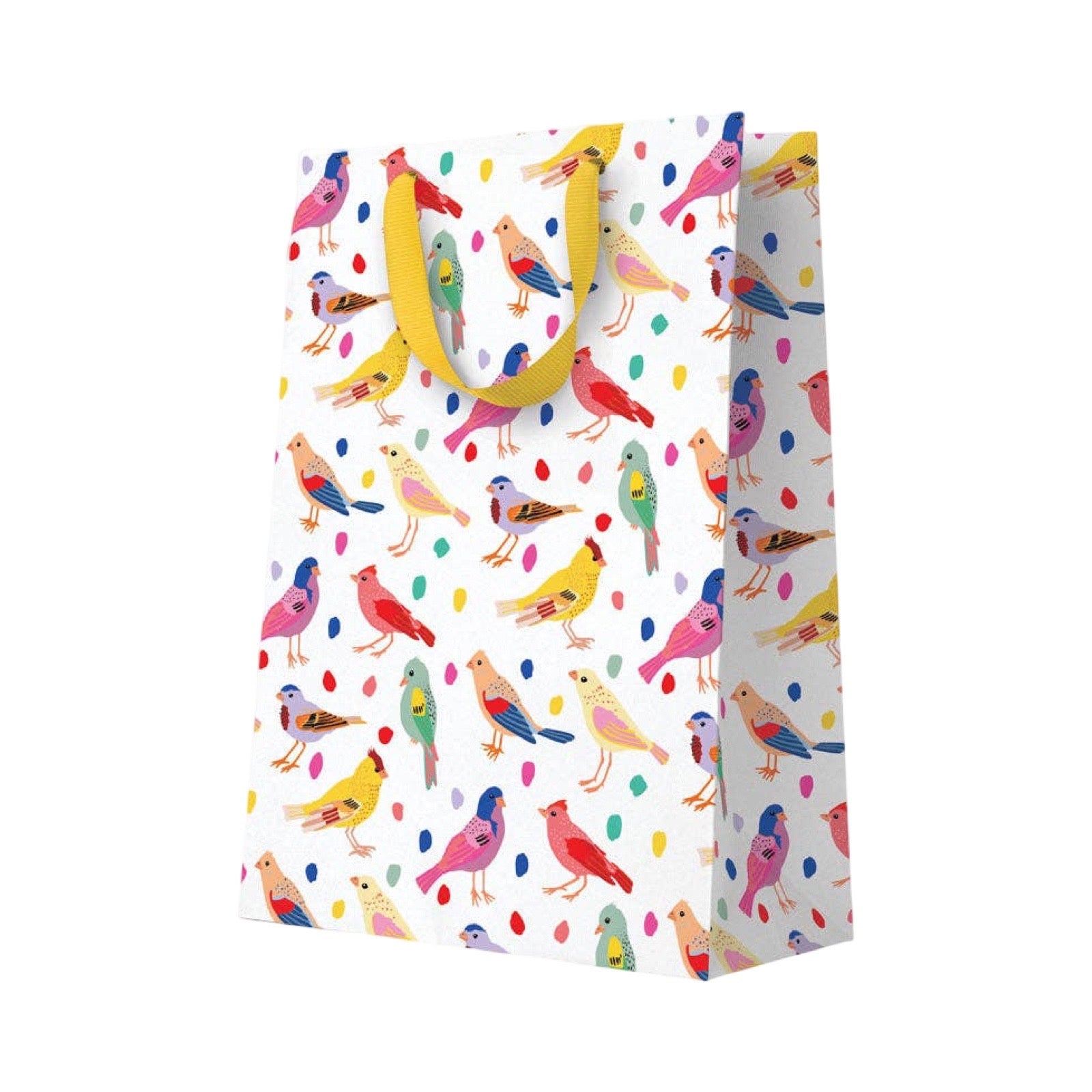 A white gift bag with a colourful pattern of birds and dots, with yellow handles.