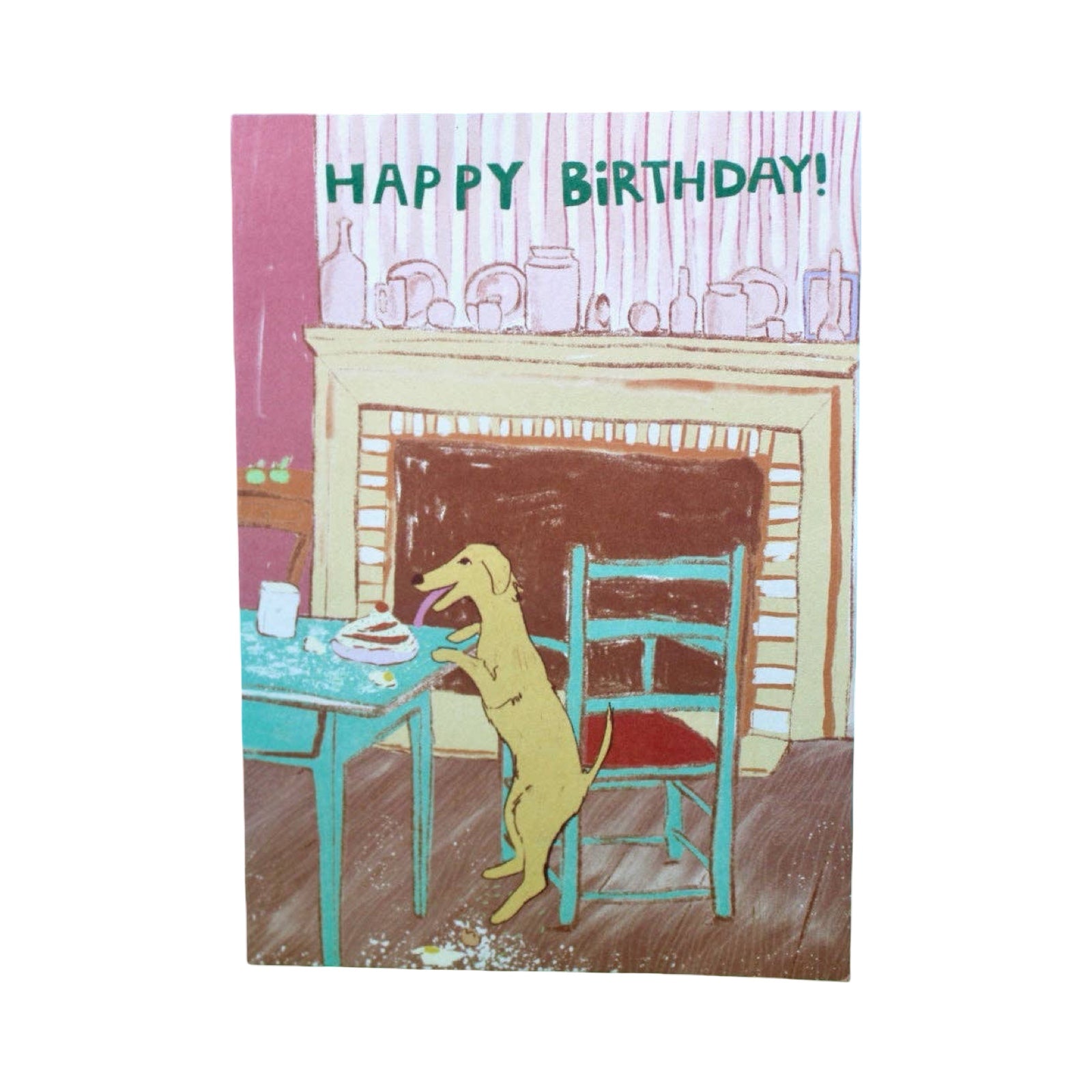 Birthday card with a dog at a table licking a cake, in a room, featuring 'Happy Birthday!' text.