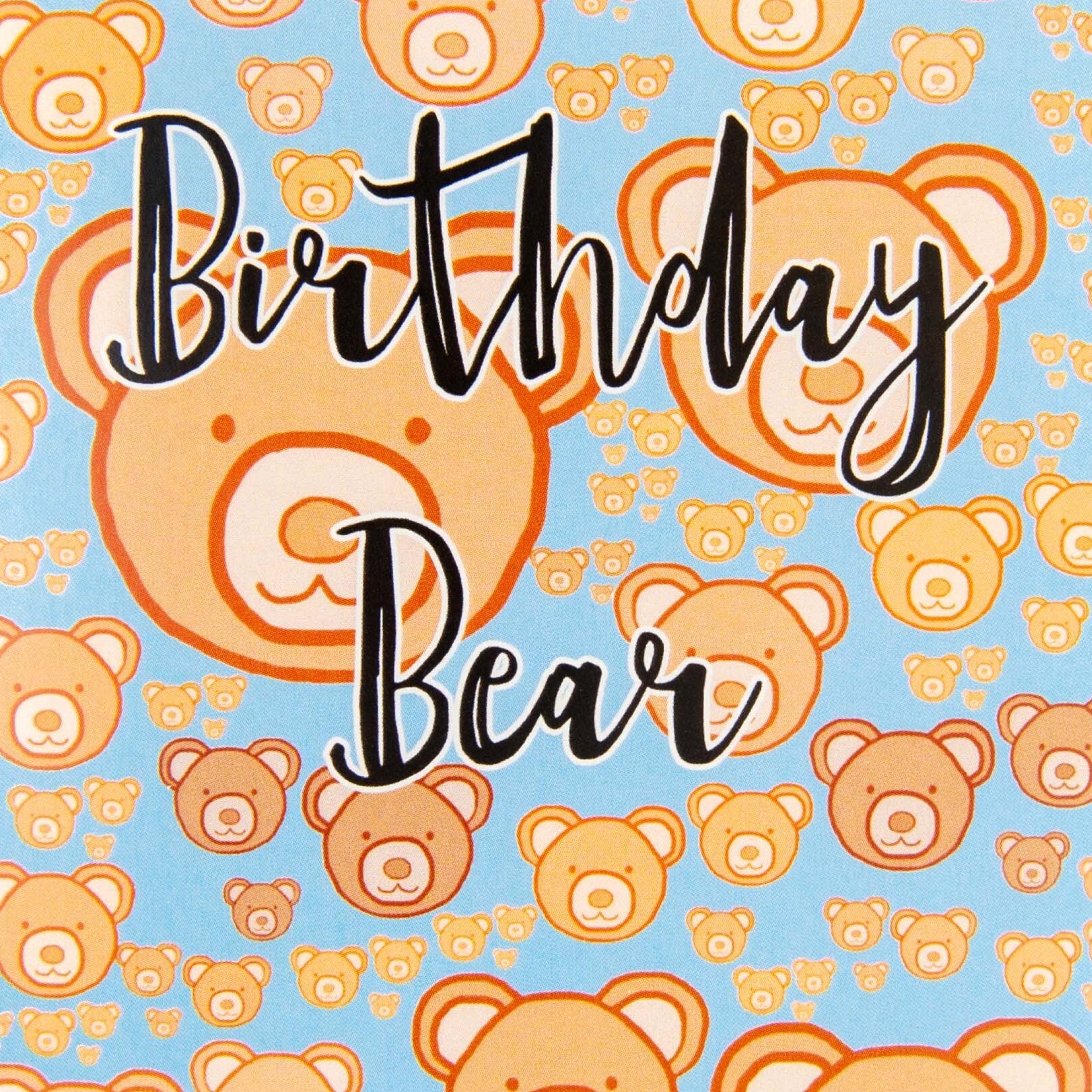 Close up of a birthday card with little brown bears and the text birthday bear. 