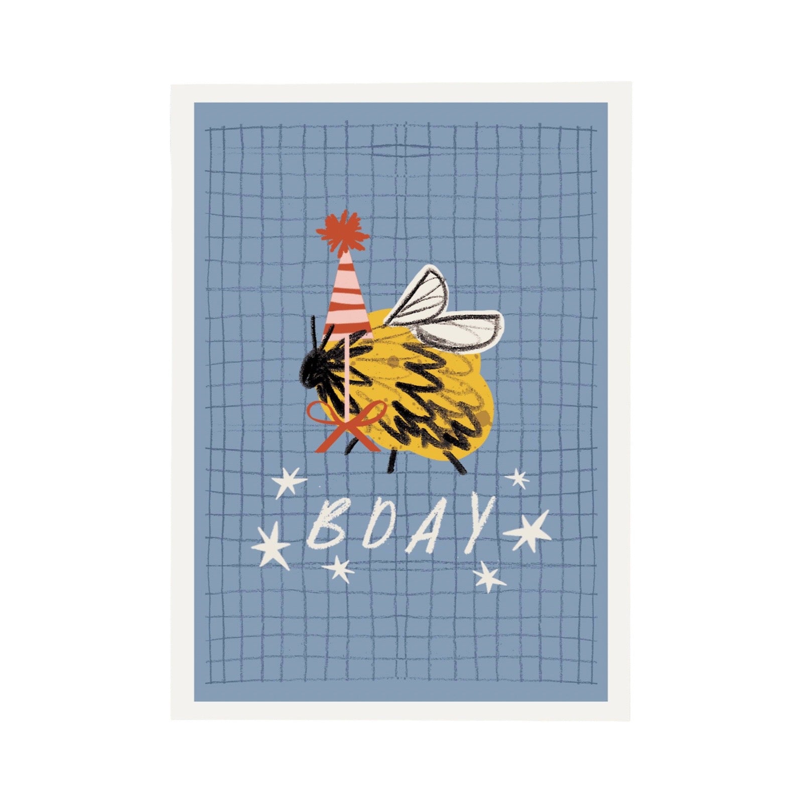 A square greeting card or art print featuring a cartoon bumblebee wearing a red-and-white party hat, with the word 'BOAY' and white stars on a blue grid background, shown against a plain white backdrop.
