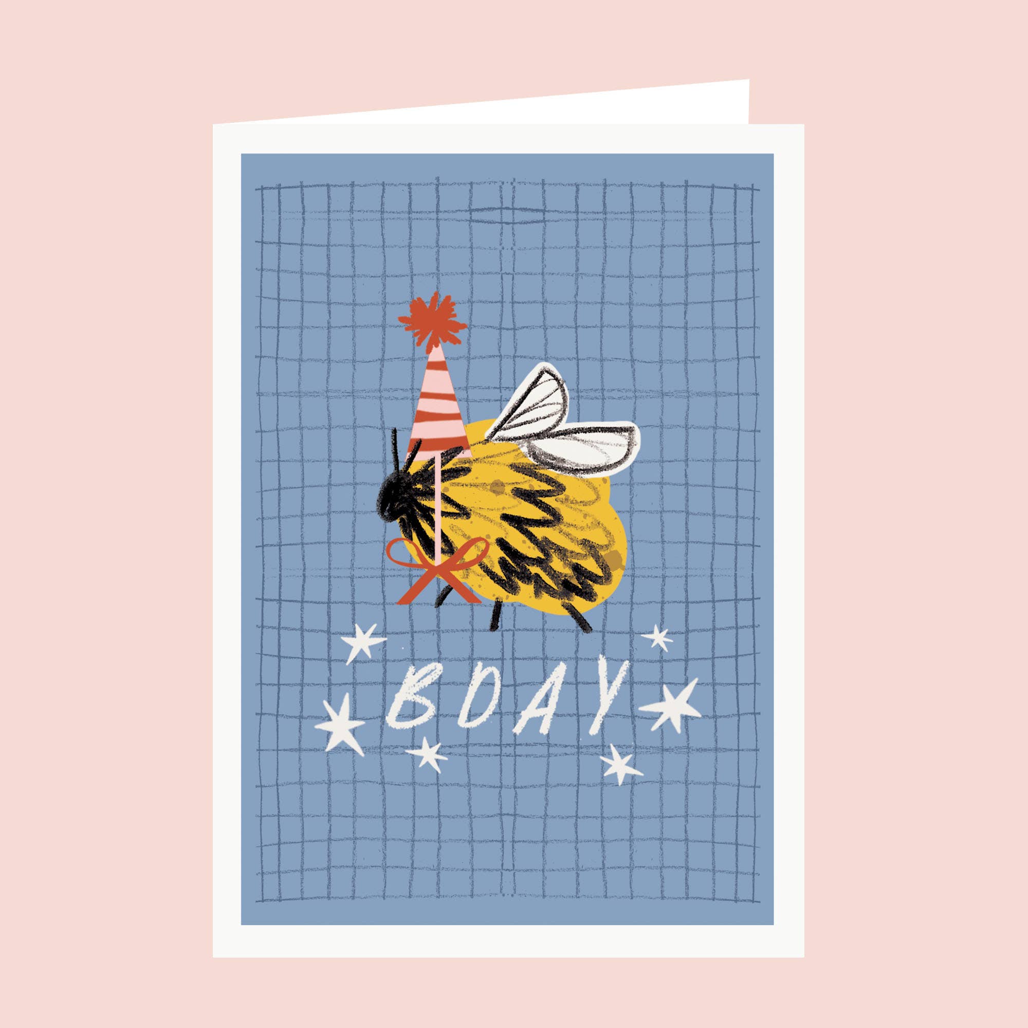Birthday card with a bee wearing a party hat on a blue grid background.