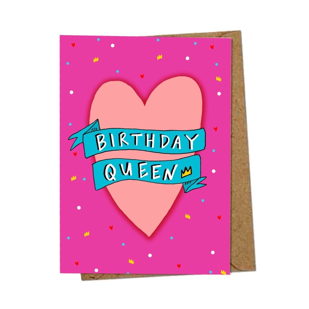 Birthday card featuring a large pink love heart on a bright pink background and the text 'Birthday Queen' inside the love heart.